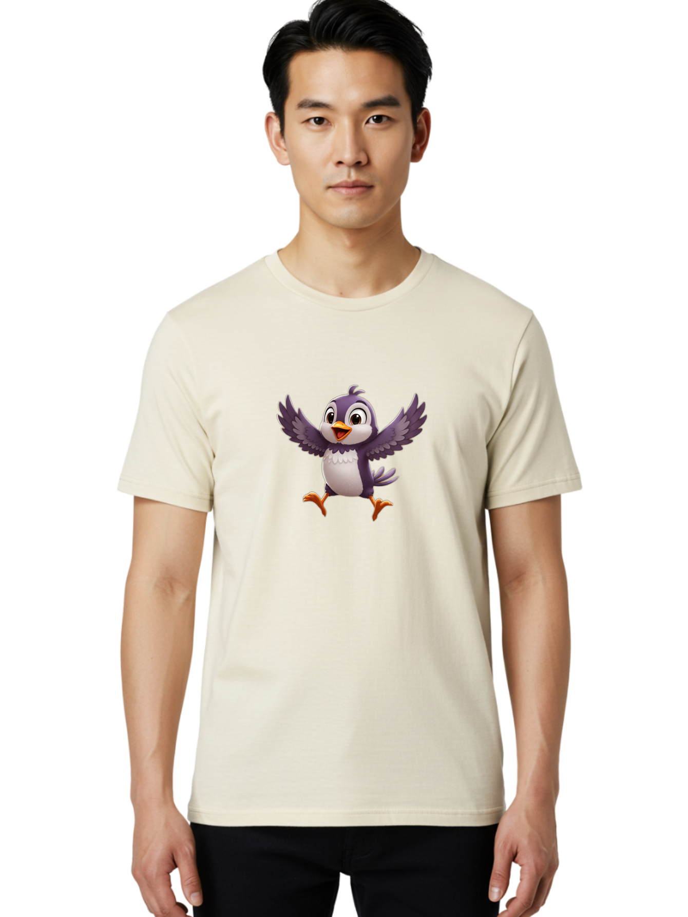 Cartoon-Penguin Men'S Graphic Tee, 100% Cotton, Comfortable Casual Summer Wear, Machine Washable, Cartoon Penguin, Animated Character, Playful Bird, Cute Creature, Purple And White Feathers, Orange Beak And Feet, Flying Penguin, Bae393