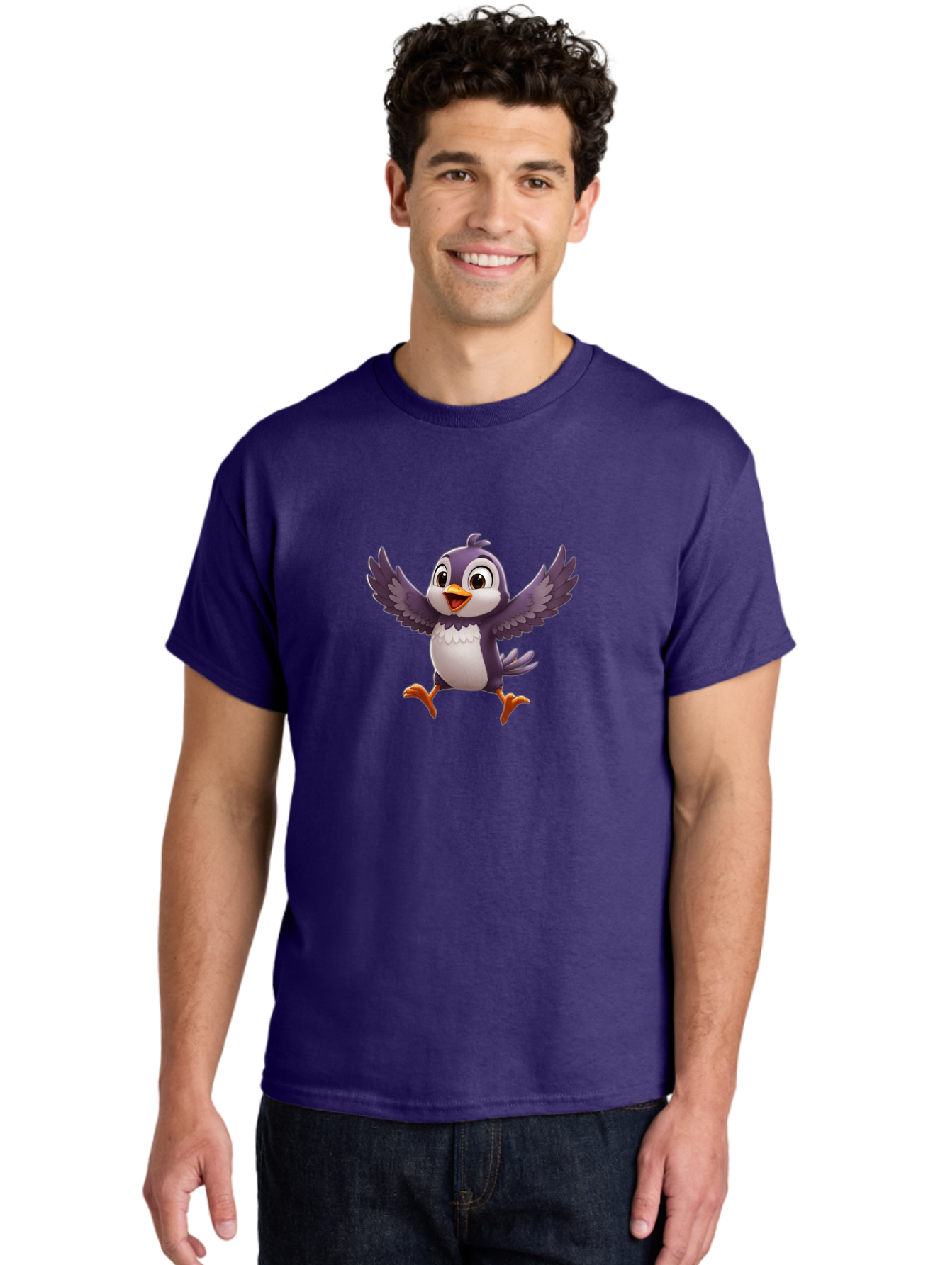 Cartoon-Penguin Men'S Graphic Tee, 100% Cotton, Comfortable Casual Summer Wear, Machine Washable, Cartoon Penguin, Animated Character, Playful Bird, Cute Creature, Purple And White Feathers, Orange Beak And Feet, Flying Penguin, Bae393