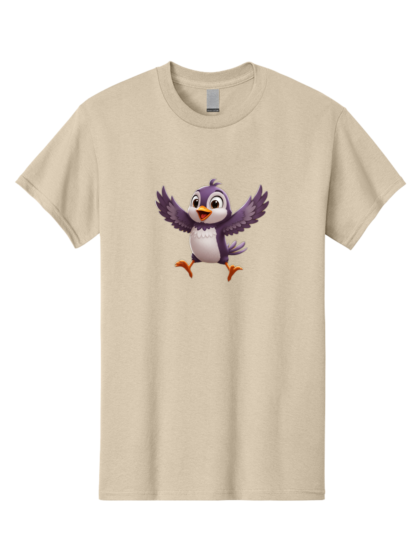 Cartoon-Penguin Men'S Graphic Tee, 100% Cotton, Comfortable Casual Summer Wear, Machine Washable, Cartoon Penguin, Animated Character, Playful Bird, Cute Creature, Purple And White Feathers, Orange Beak And Feet, Flying Penguin, Bae393