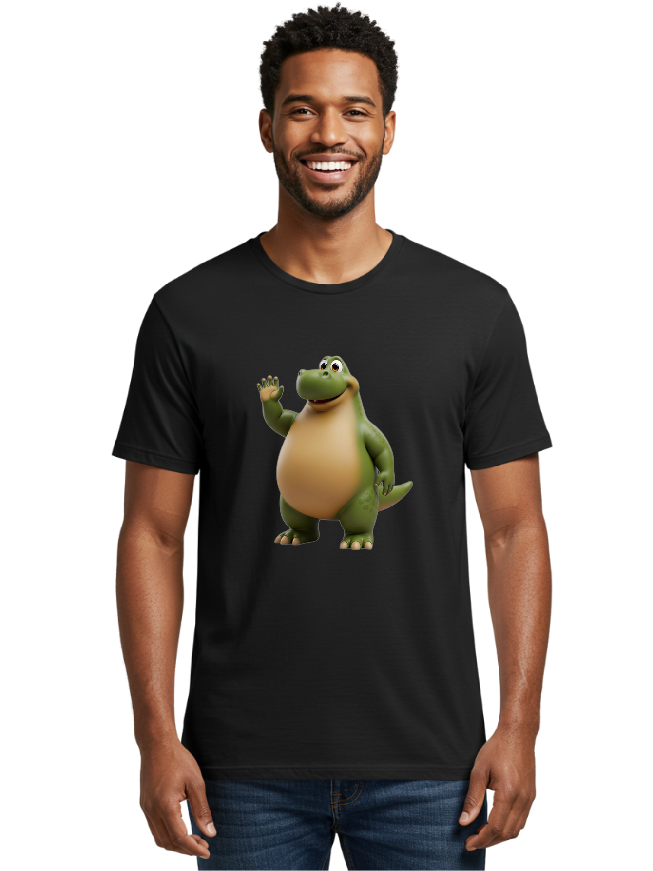 Cartoon-T-Rex Men'S Graphic Tee, 100% Cotton, Comfortable Casual Summer Wear, Machine Washable, Cartoon Alligator, 3D Character, Green Alligator, Friendly Creature, Cartoon Animal, Animated Character, Children'S Entertainment, Nursery Decor, Bae395