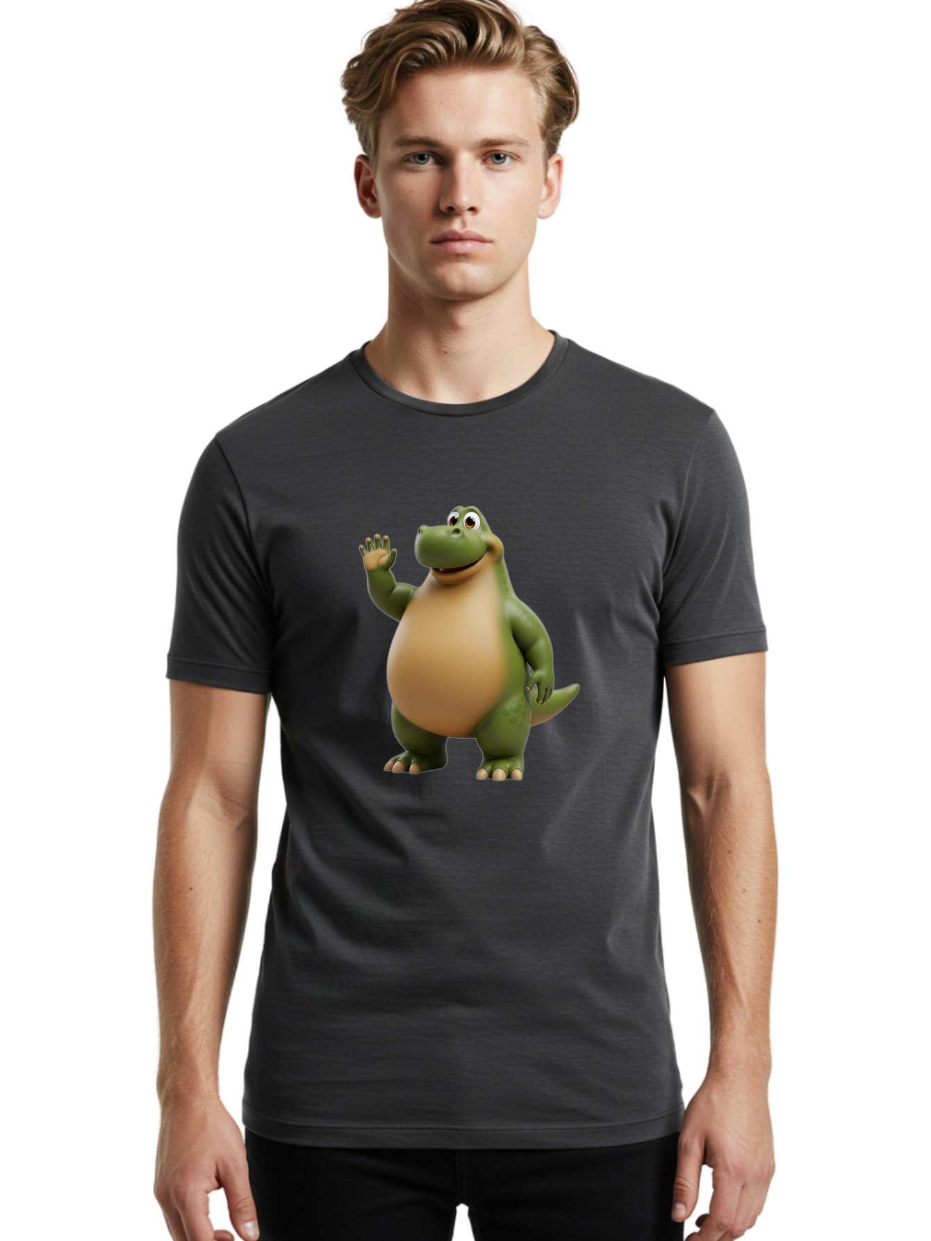 Cartoon-T-Rex Men'S Graphic Tee, 100% Cotton, Comfortable Casual Summer Wear, Machine Washable, Cartoon Alligator, 3D Character, Green Alligator, Friendly Creature, Cartoon Animal, Animated Character, Children'S Entertainment, Nursery Decor, Bae395