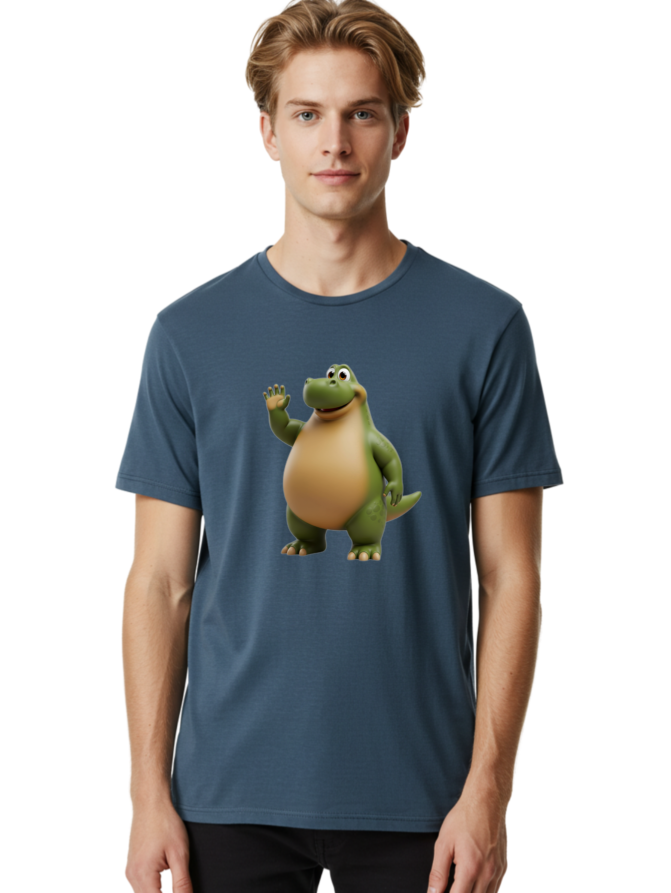 Cartoon-T-Rex Men'S Graphic Tee, 100% Cotton, Comfortable Casual Summer Wear, Machine Washable, Cartoon Alligator, 3D Character, Green Alligator, Friendly Creature, Cartoon Animal, Animated Character, Children'S Entertainment, Nursery Decor, Bae395