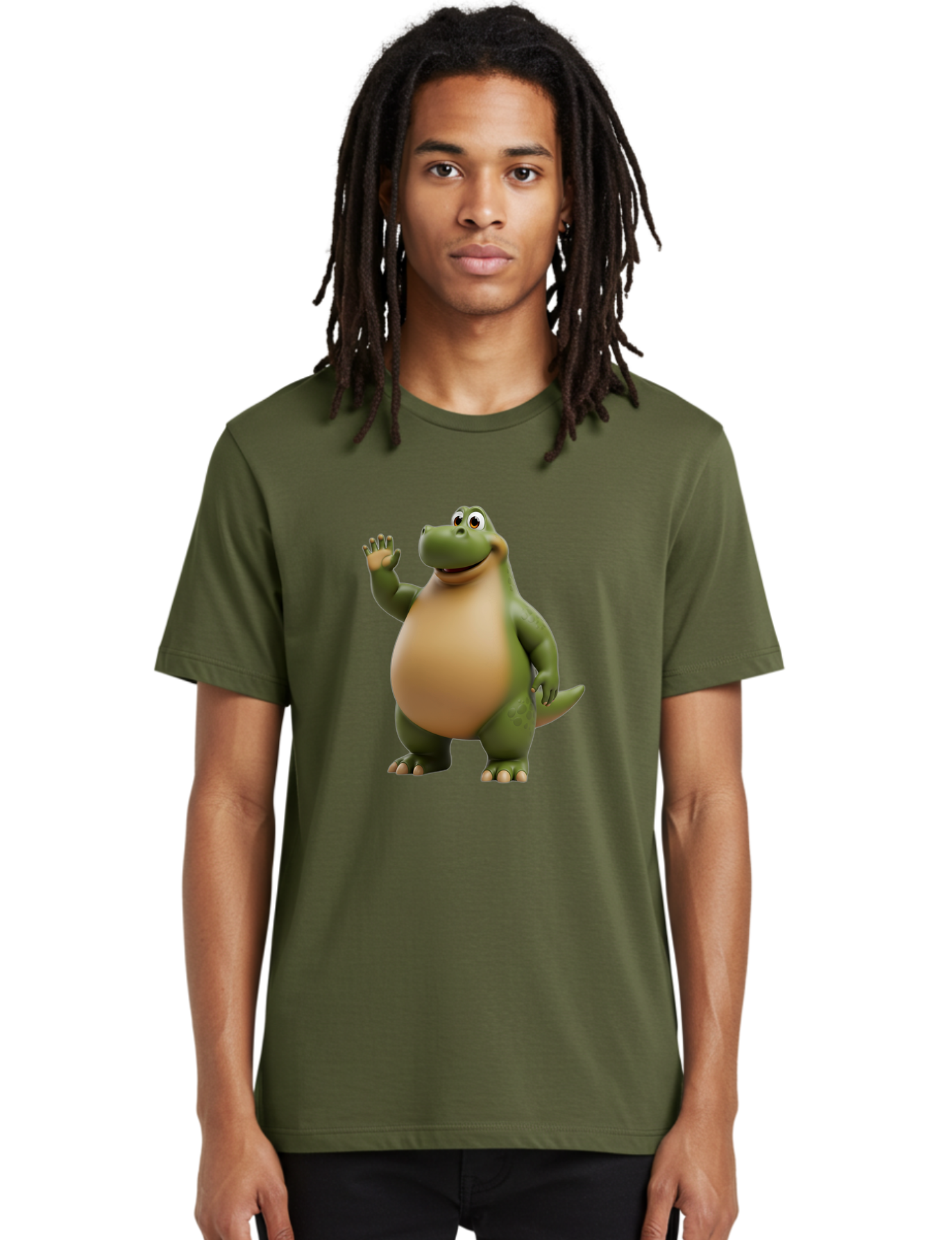 Cartoon-T-Rex Men'S Graphic Tee, 100% Cotton, Comfortable Casual Summer Wear, Machine Washable, Cartoon Alligator, 3D Character, Green Alligator, Friendly Creature, Cartoon Animal, Animated Character, Children'S Entertainment, Nursery Decor, Bae395