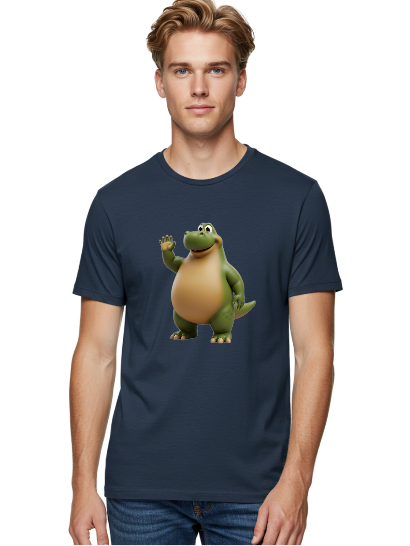 Cartoon-T-Rex Men'S Graphic Tee, 100% Cotton, Comfortable Casual Summer Wear, Machine Washable, Cartoon Alligator, 3D Character, Green Alligator, Friendly Creature, Cartoon Animal, Animated Character, Children'S Entertainment, Nursery Decor, Bae395