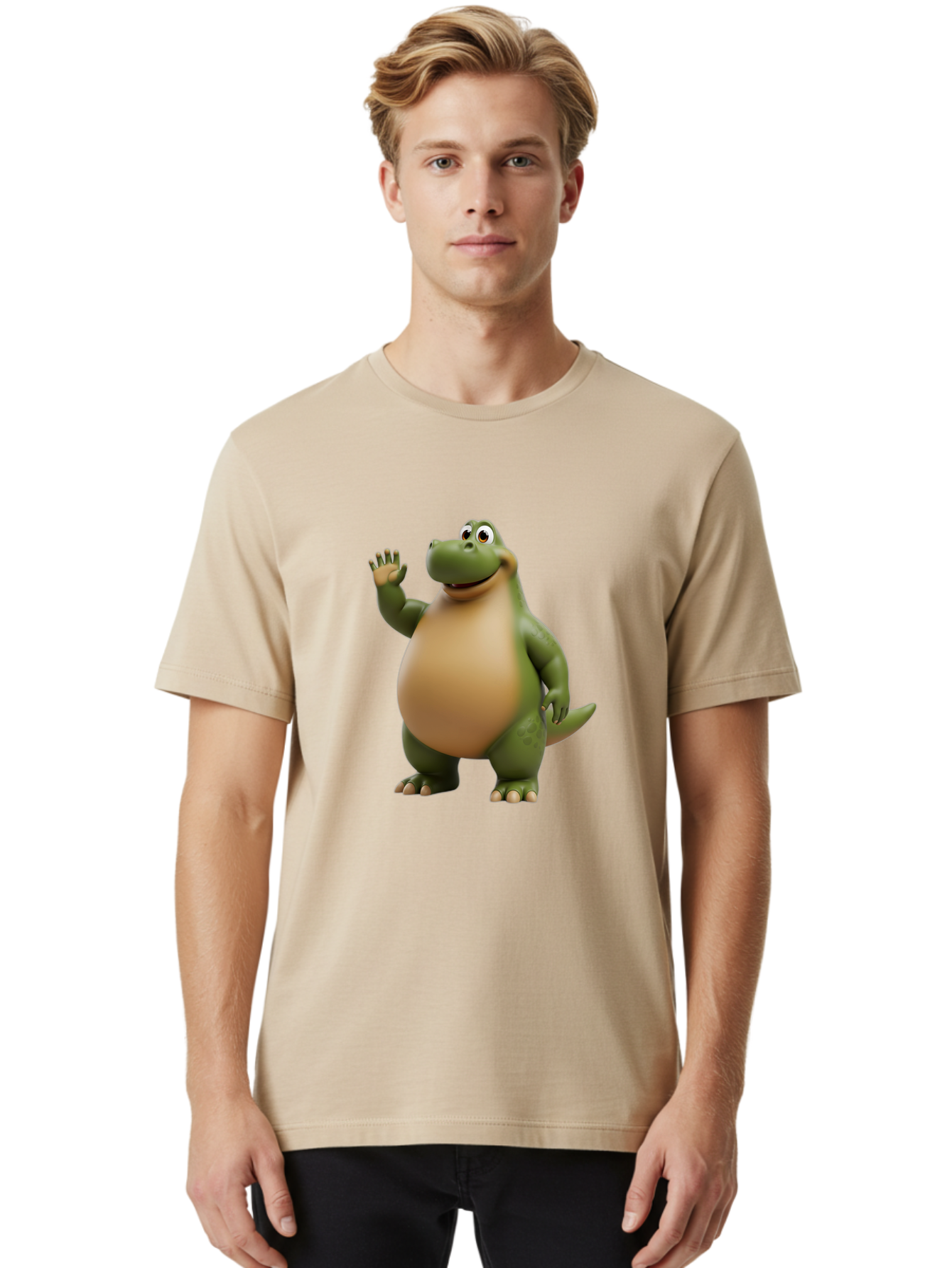 Cartoon-T-Rex Men'S Graphic Tee, 100% Cotton, Comfortable Casual Summer Wear, Machine Washable, Cartoon Alligator, 3D Character, Green Alligator, Friendly Creature, Cartoon Animal, Animated Character, Children'S Entertainment, Nursery Decor, Bae395