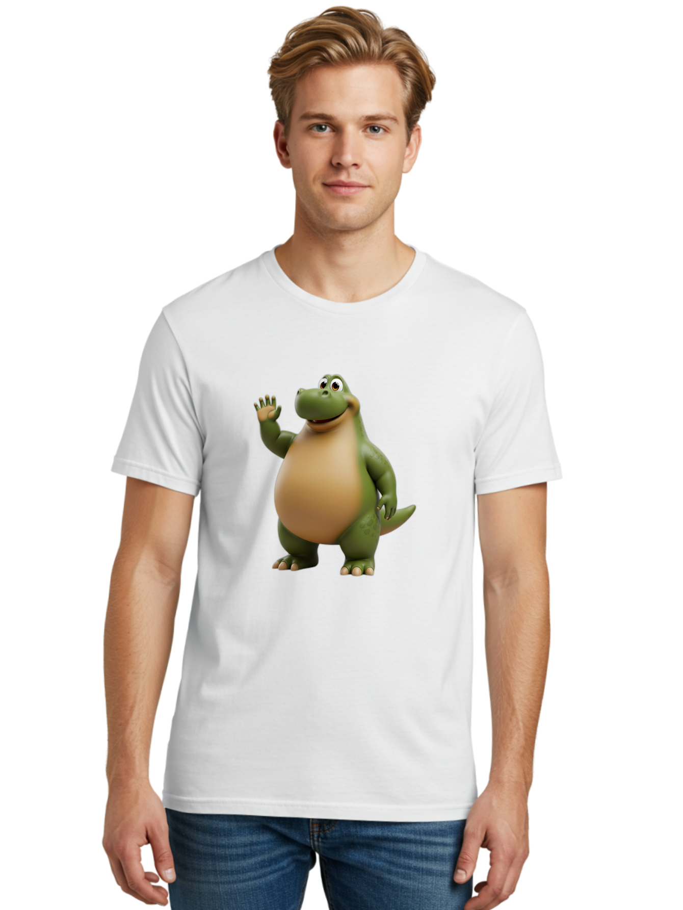 Cartoon-T-Rex Men'S Graphic Tee, 100% Cotton, Comfortable Casual Summer Wear, Machine Washable, Cartoon Alligator, 3D Character, Green Alligator, Friendly Creature, Cartoon Animal, Animated Character, Children'S Entertainment, Nursery Decor, Bae395