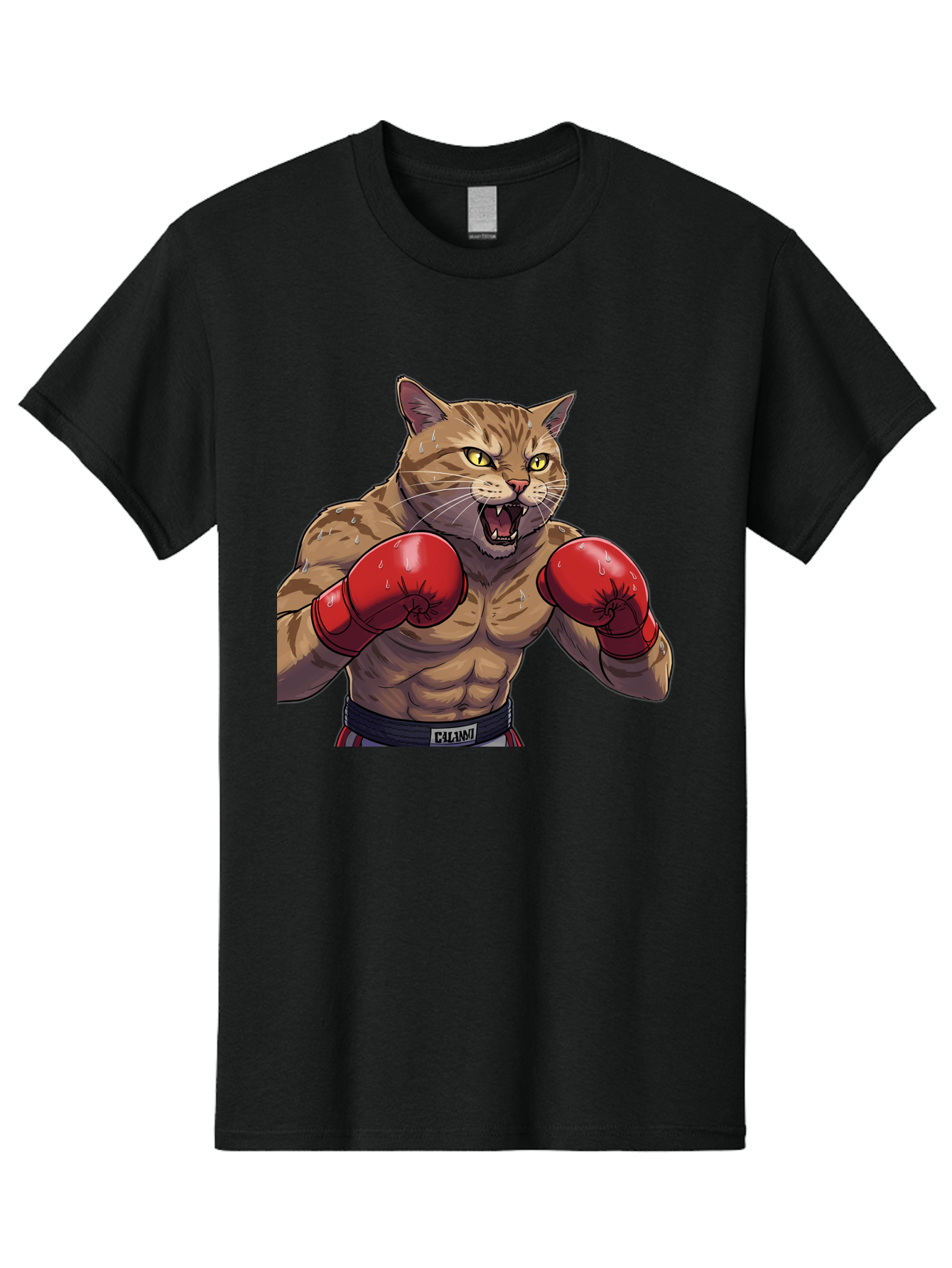 Cat-Boxer-1 Men'S Graphic Tee, 100% Cotton, Comfortable Casual Summer Wear, Machine Washable, Muscular Cat, Boxing Gloves, Fighting Stance, Aggressive Expression, Cartoon Character, Fitness, Athleticism, Feline, Combat Sports, Bae396
