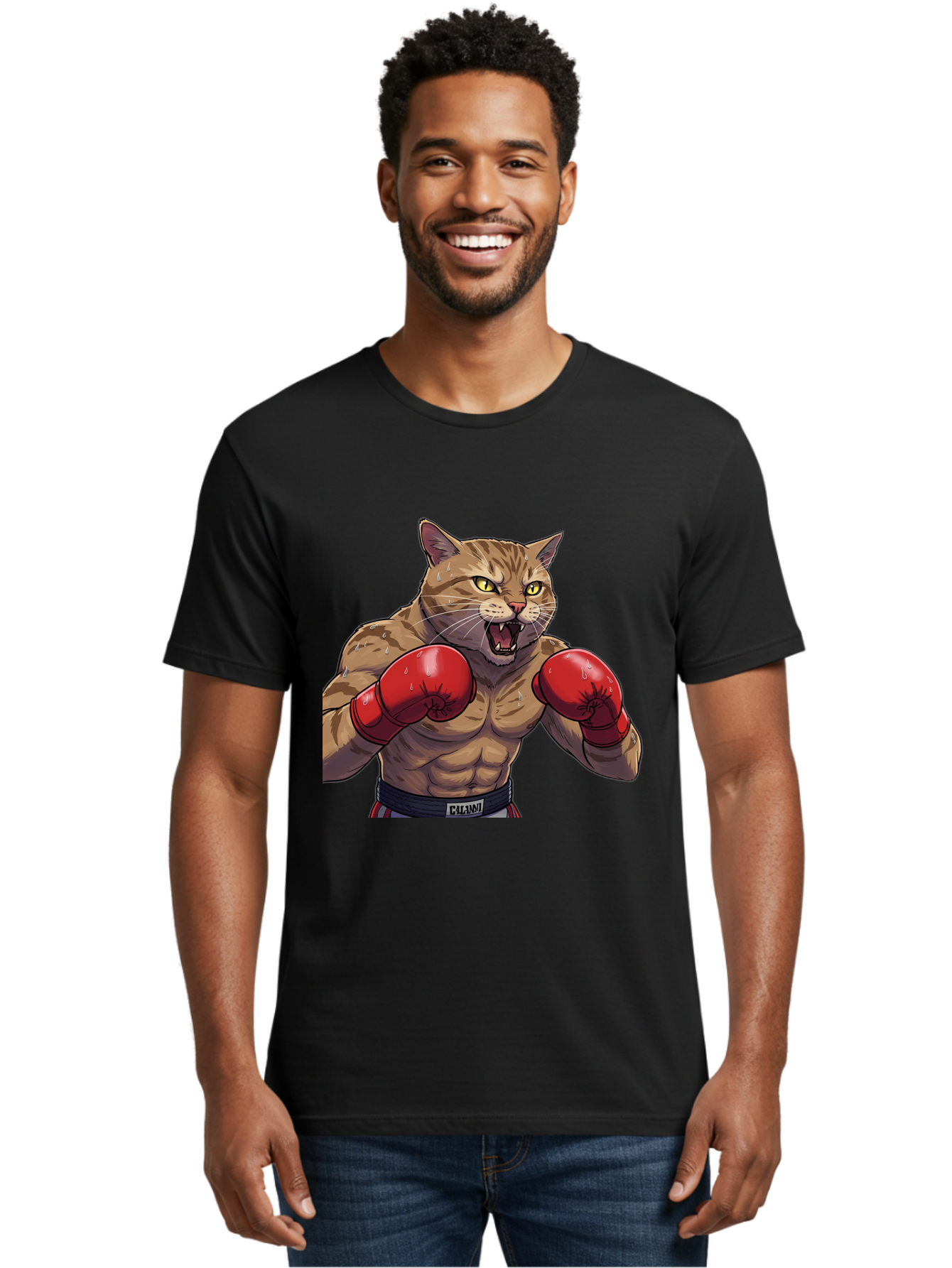 Cat-Boxer-1 Men'S Graphic Tee, 100% Cotton, Comfortable Casual Summer Wear, Machine Washable, Muscular Cat, Boxing Gloves, Fighting Stance, Aggressive Expression, Cartoon Character, Fitness, Athleticism, Feline, Combat Sports, Bae396