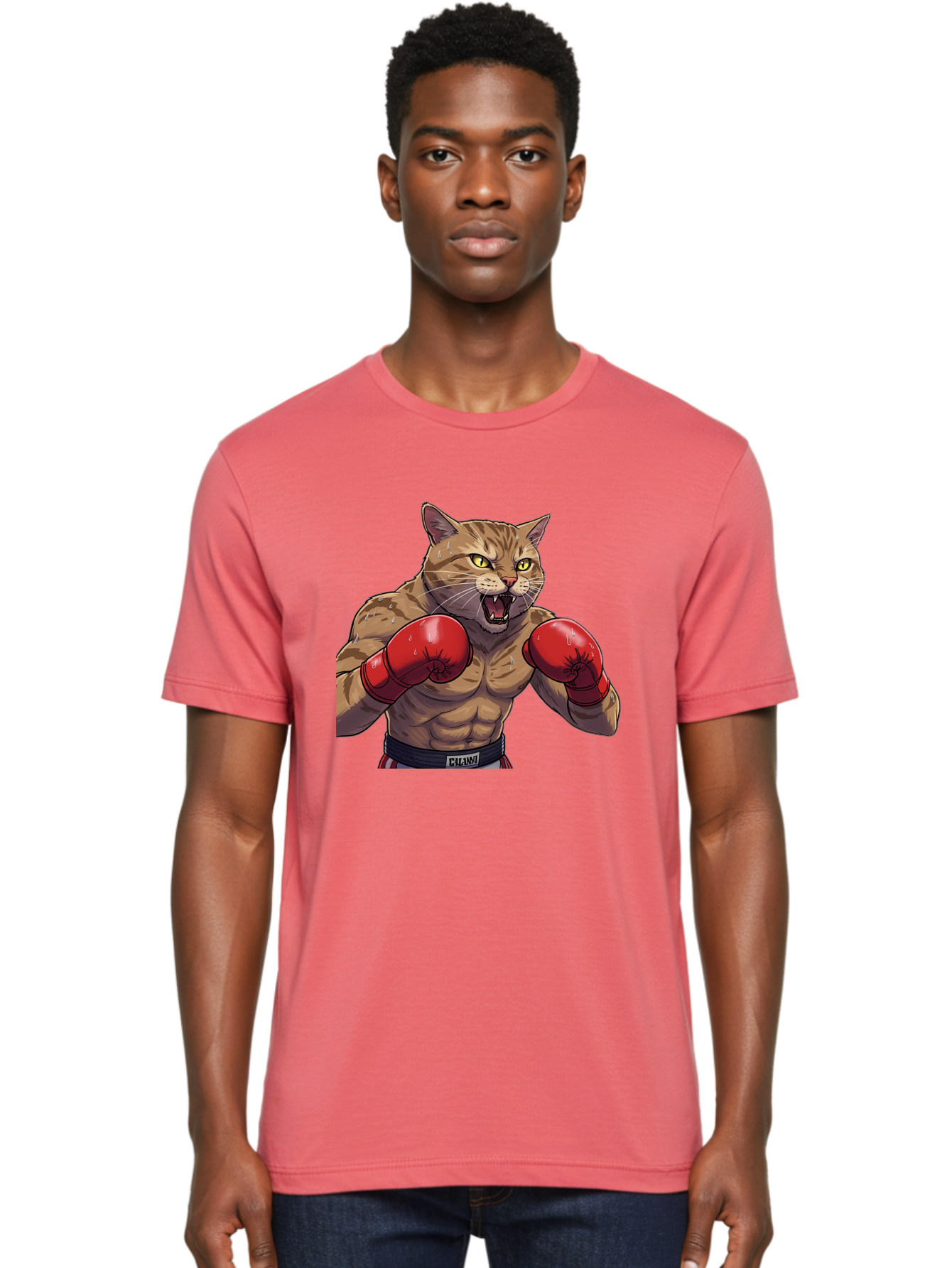 Cat-Boxer-1 Men'S Graphic Tee, 100% Cotton, Comfortable Casual Summer Wear, Machine Washable, Muscular Cat, Boxing Gloves, Fighting Stance, Aggressive Expression, Cartoon Character, Fitness, Athleticism, Feline, Combat Sports, Bae396