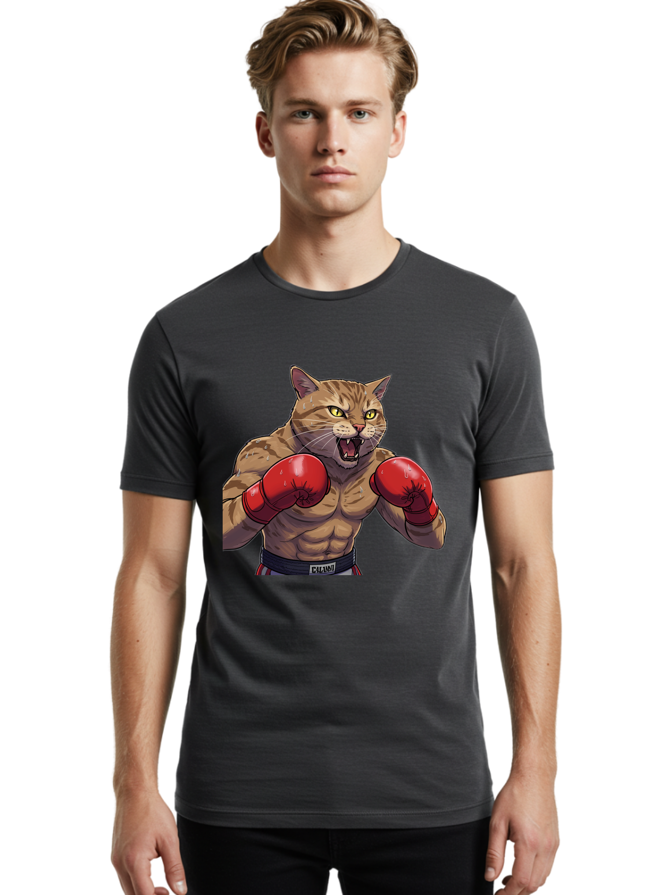 Cat-Boxer-1 Men'S Graphic Tee, 100% Cotton, Comfortable Casual Summer Wear, Machine Washable, Muscular Cat, Boxing Gloves, Fighting Stance, Aggressive Expression, Cartoon Character, Fitness, Athleticism, Feline, Combat Sports, Bae396