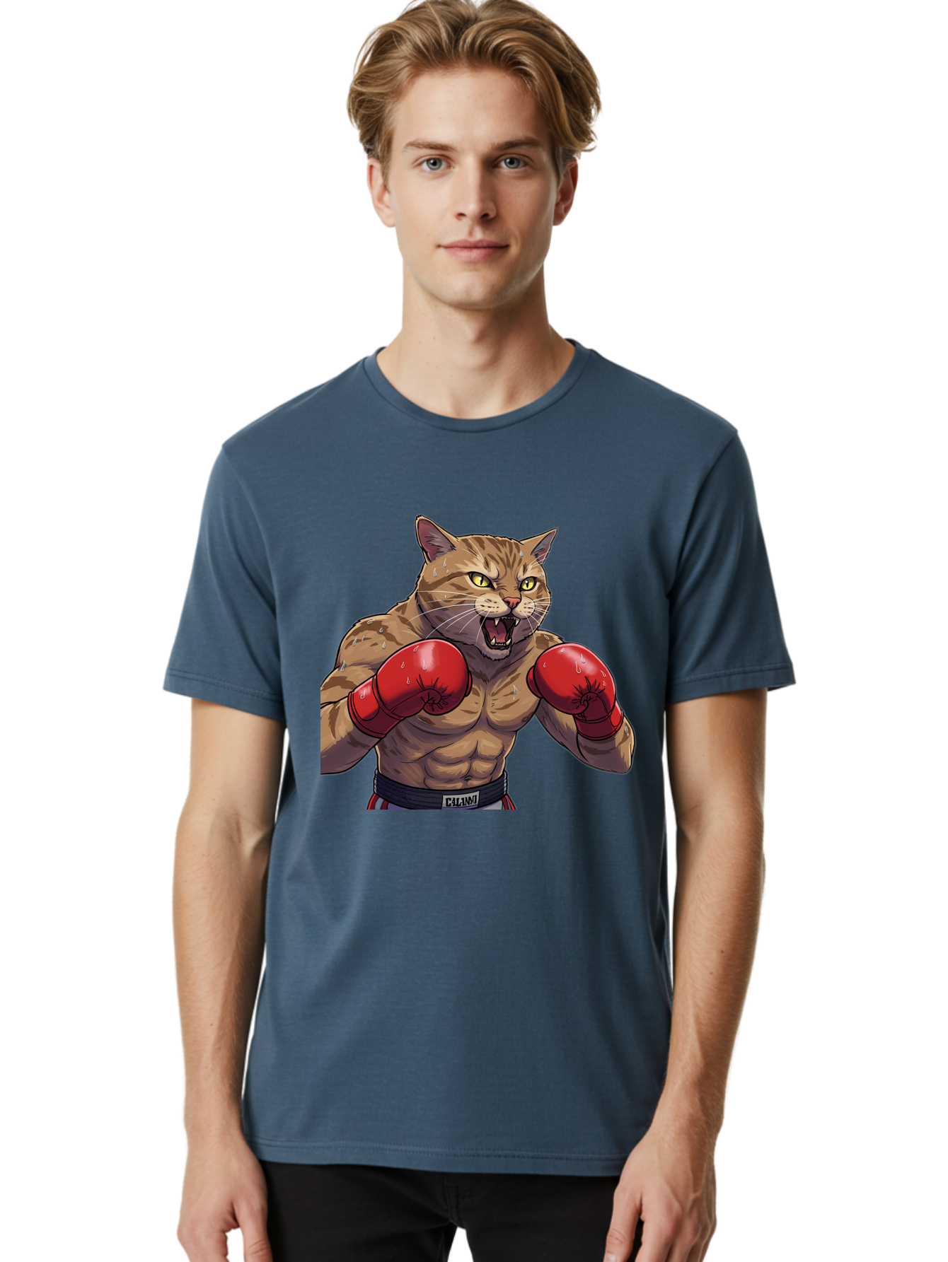 Cat-Boxer-1 Men'S Graphic Tee, 100% Cotton, Comfortable Casual Summer Wear, Machine Washable, Muscular Cat, Boxing Gloves, Fighting Stance, Aggressive Expression, Cartoon Character, Fitness, Athleticism, Feline, Combat Sports, Bae396