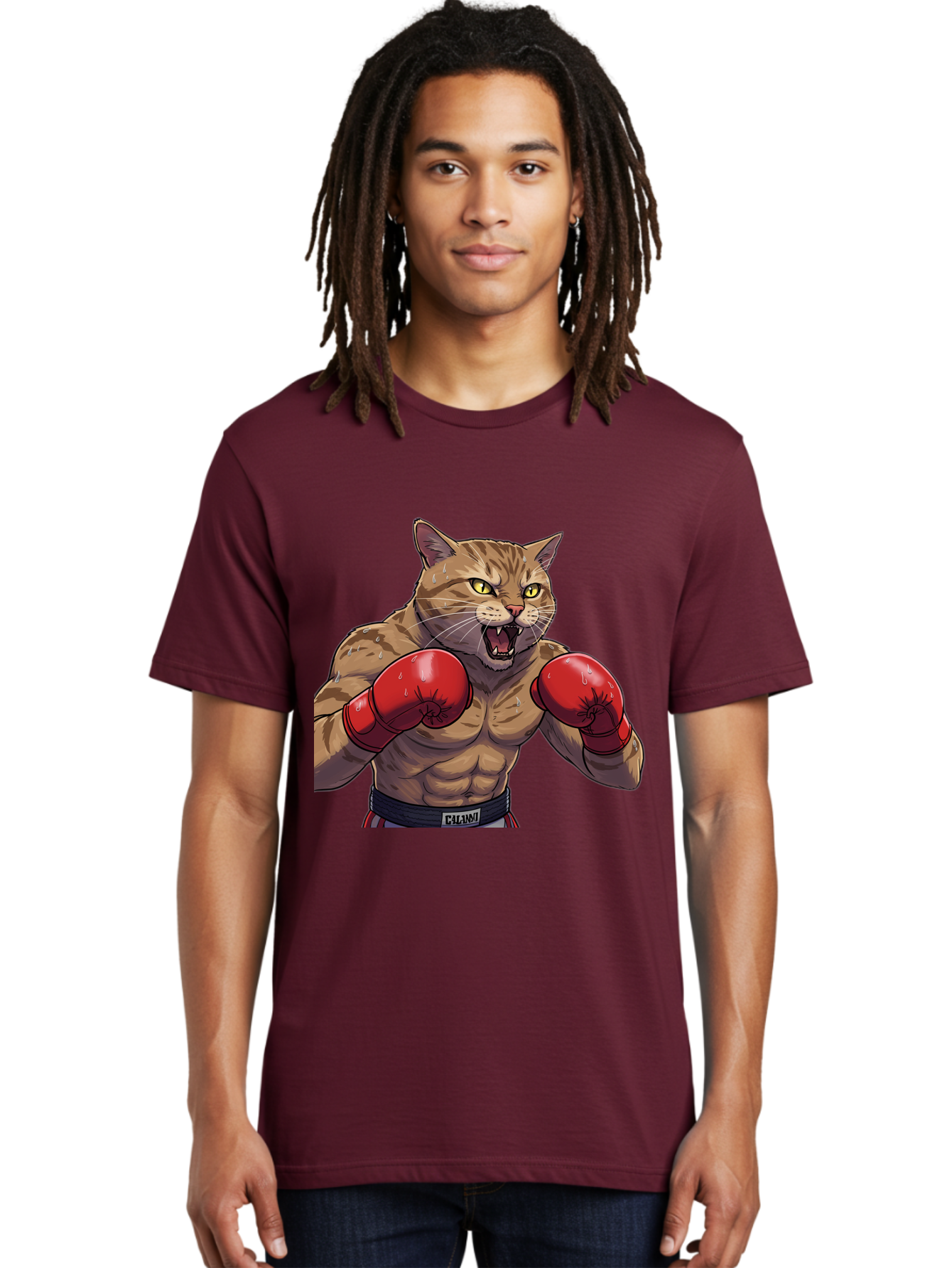 Cat-Boxer-1 Men'S Graphic Tee, 100% Cotton, Comfortable Casual Summer Wear, Machine Washable, Muscular Cat, Boxing Gloves, Fighting Stance, Aggressive Expression, Cartoon Character, Fitness, Athleticism, Feline, Combat Sports, Bae396