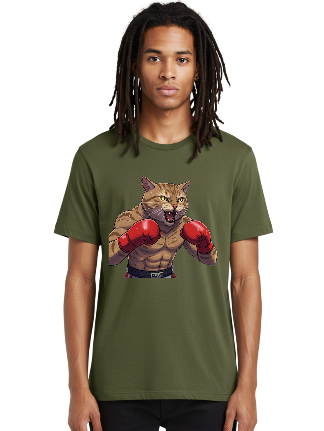 Cat-Boxer-1 Men'S Graphic Tee, 100% Cotton, Comfortable Casual Summer Wear, Machine Washable, Muscular Cat, Boxing Gloves, Fighting Stance, Aggressive Expression, Cartoon Character, Fitness, Athleticism, Feline, Combat Sports, Bae396