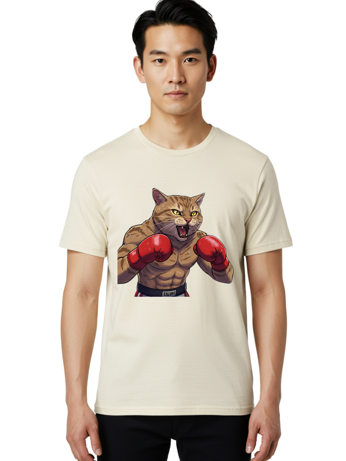 Cat-Boxer-1 Men'S Graphic Tee, 100% Cotton, Comfortable Casual Summer Wear, Machine Washable, Muscular Cat, Boxing Gloves, Fighting Stance, Aggressive Expression, Cartoon Character, Fitness, Athleticism, Feline, Combat Sports, Bae396