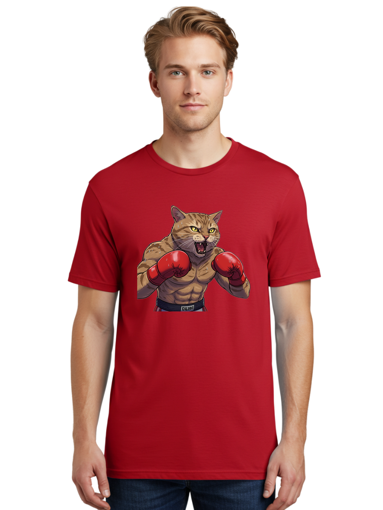 Cat-Boxer-1 Men'S Graphic Tee, 100% Cotton, Comfortable Casual Summer Wear, Machine Washable, Muscular Cat, Boxing Gloves, Fighting Stance, Aggressive Expression, Cartoon Character, Fitness, Athleticism, Feline, Combat Sports, Bae396