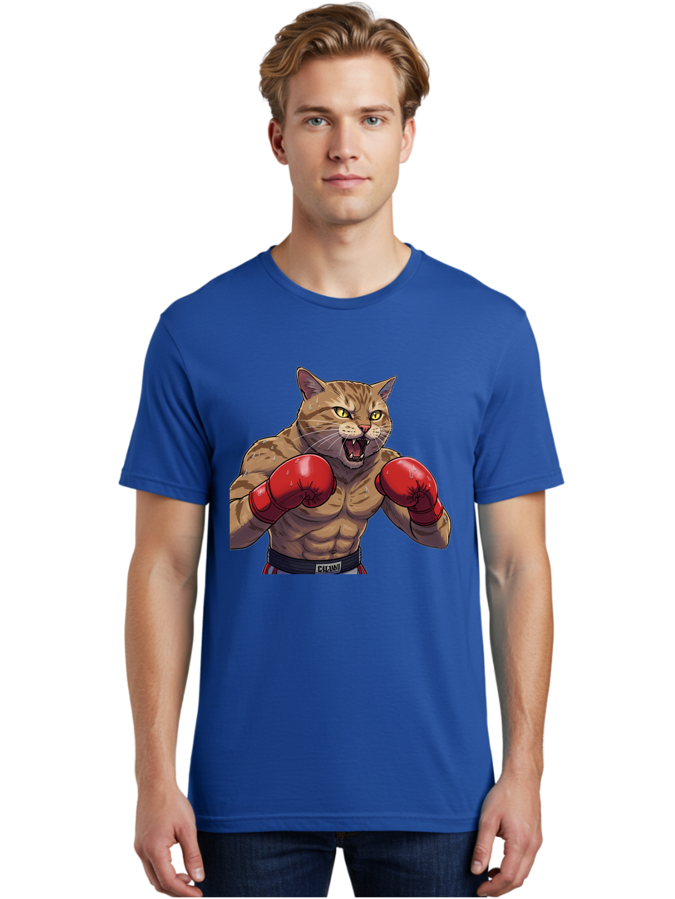 Cat-Boxer-1 Men'S Graphic Tee, 100% Cotton, Comfortable Casual Summer Wear, Machine Washable, Muscular Cat, Boxing Gloves, Fighting Stance, Aggressive Expression, Cartoon Character, Fitness, Athleticism, Feline, Combat Sports, Bae396