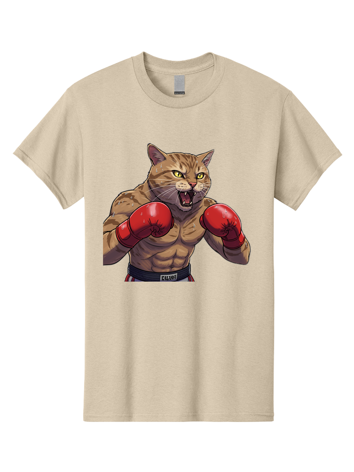 Cat-Boxer-1 Men'S Graphic Tee, 100% Cotton, Comfortable Casual Summer Wear, Machine Washable, Muscular Cat, Boxing Gloves, Fighting Stance, Aggressive Expression, Cartoon Character, Fitness, Athleticism, Feline, Combat Sports, Bae396