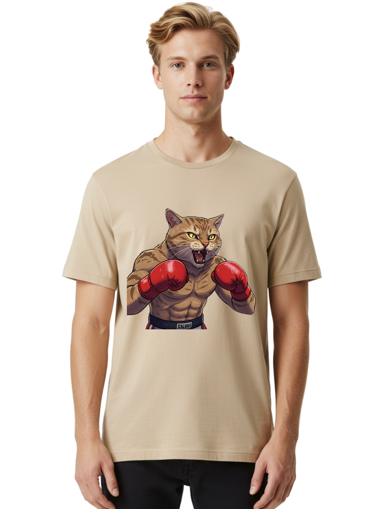 Cat-Boxer-1 Men'S Graphic Tee, 100% Cotton, Comfortable Casual Summer Wear, Machine Washable, Muscular Cat, Boxing Gloves, Fighting Stance, Aggressive Expression, Cartoon Character, Fitness, Athleticism, Feline, Combat Sports, Bae396