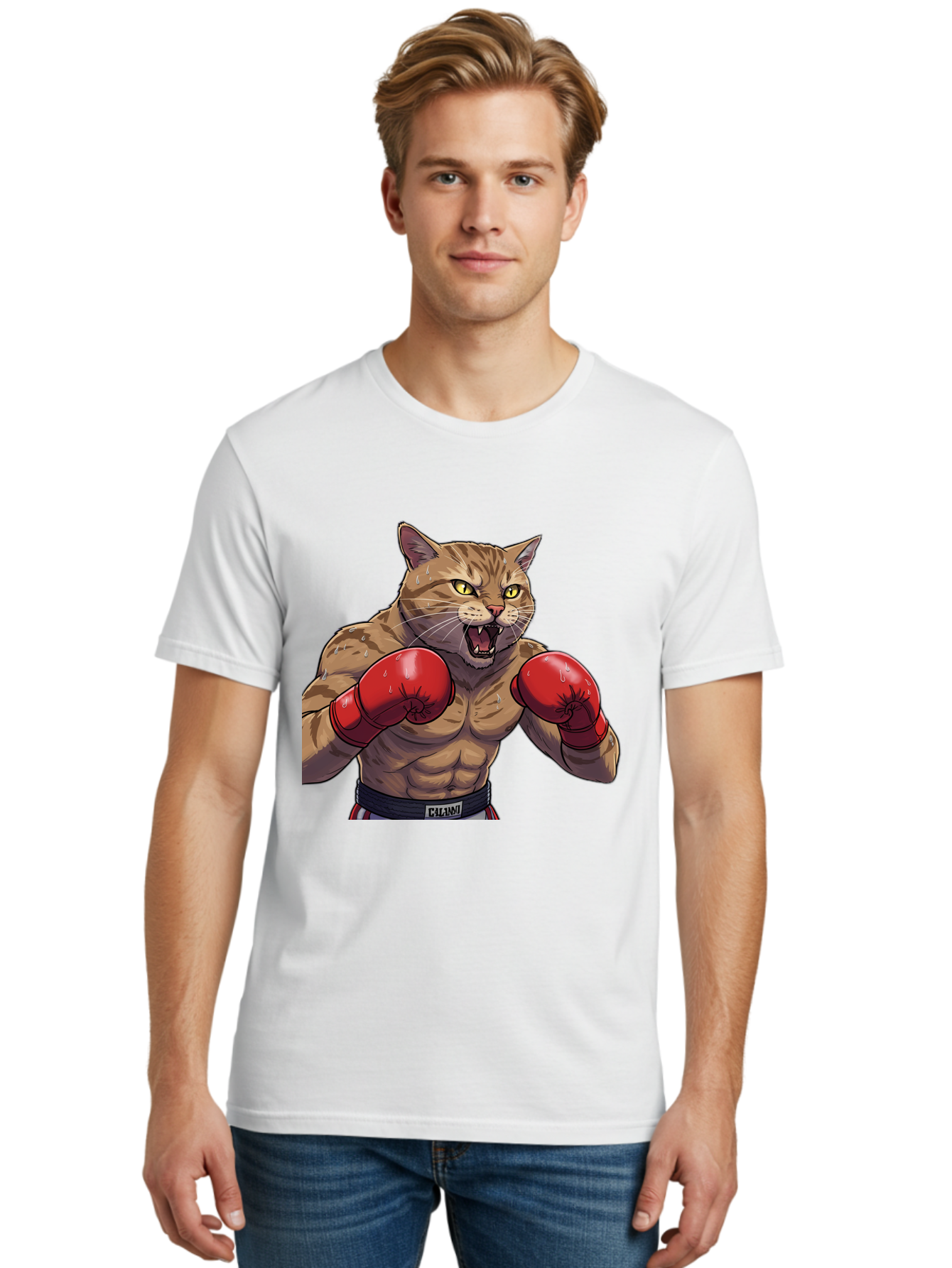 Cat-Boxer-1 Men'S Graphic Tee, 100% Cotton, Comfortable Casual Summer Wear, Machine Washable, Muscular Cat, Boxing Gloves, Fighting Stance, Aggressive Expression, Cartoon Character, Fitness, Athleticism, Feline, Combat Sports, Bae396