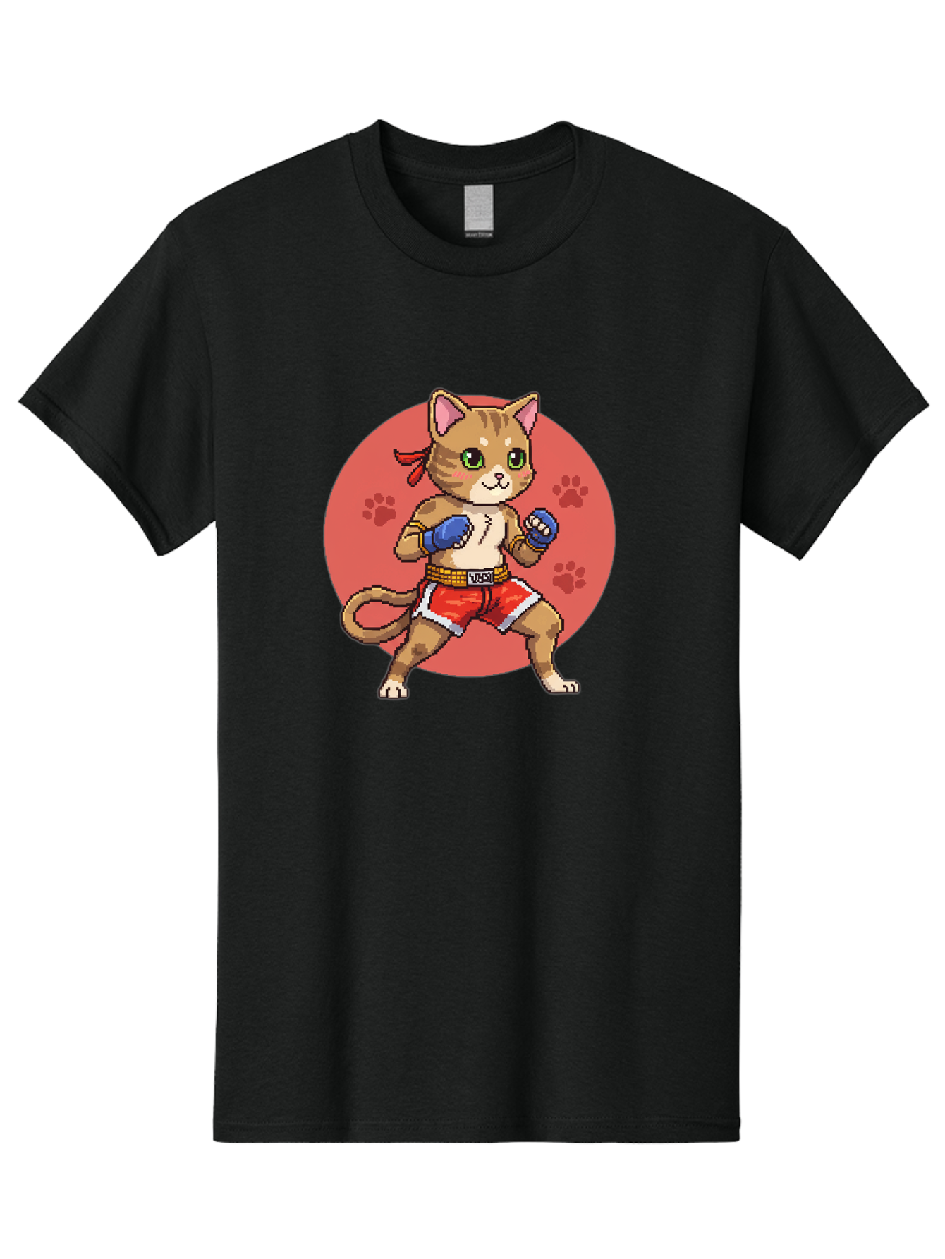Cat-Boxer Men'S Graphic Tee, 100% Cotton, Comfortable Casual Summer Wear, Machine Washable, Cartoon Cat In Boxing Gloves, Muay Thai Fighter, Kawaii Kitty, Fighting Stance, Red Shorts, Blue Gloves, Playful Illustration, Cute Kitten Bae397