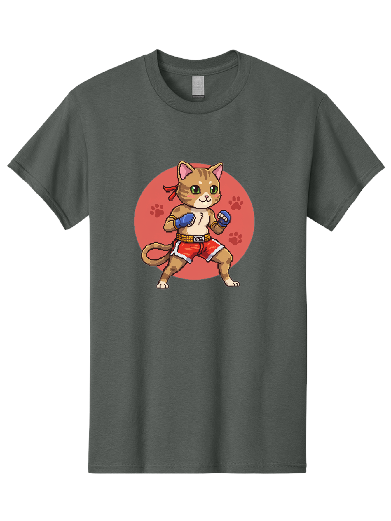 Cat-Boxer Men'S Graphic Tee, 100% Cotton, Comfortable Casual Summer Wear, Machine Washable, Cartoon Cat In Boxing Gloves, Muay Thai Fighter, Kawaii Kitty, Fighting Stance, Red Shorts, Blue Gloves, Playful Illustration, Cute Kitten Bae397
