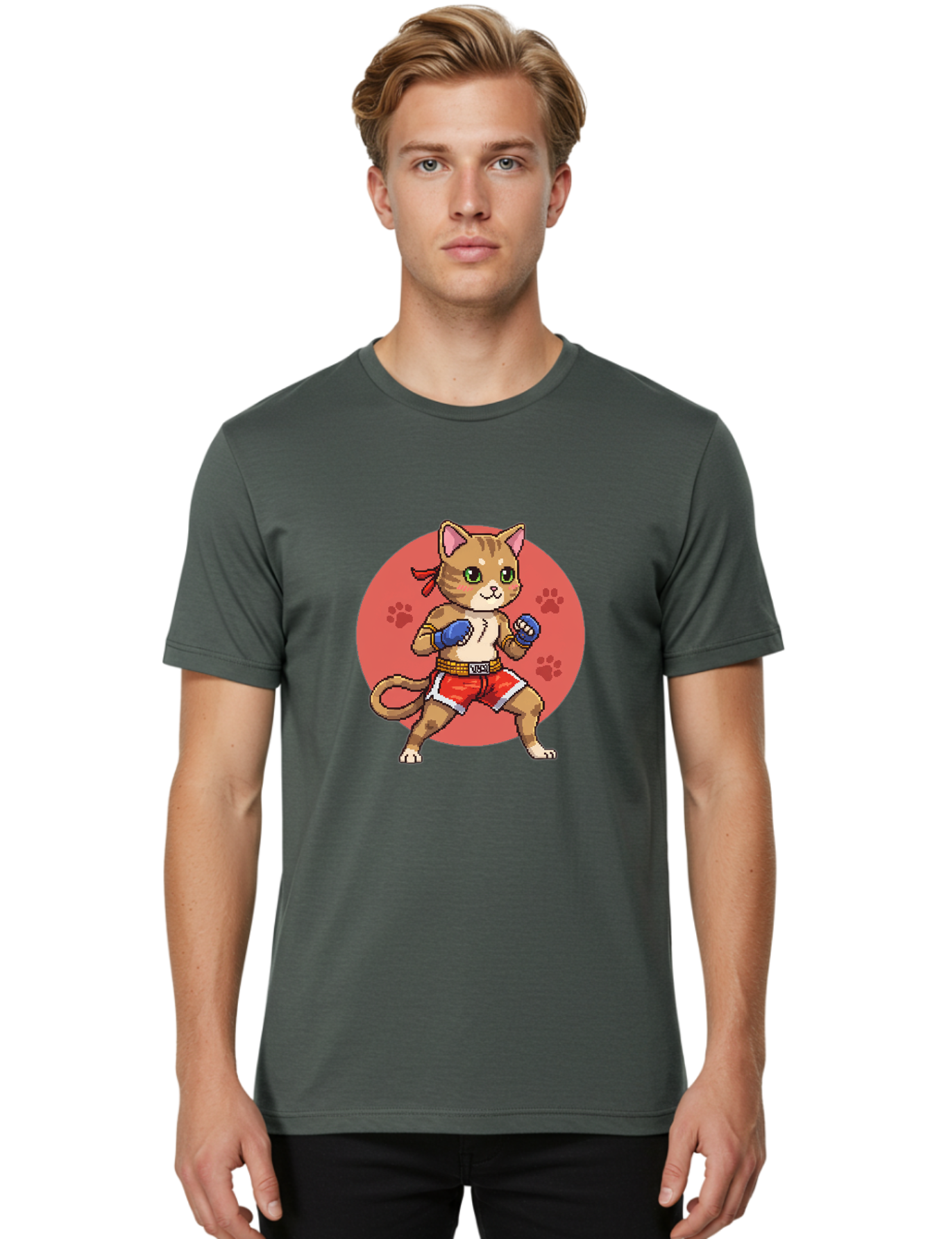 Cat-Boxer Men'S Graphic Tee, 100% Cotton, Comfortable Casual Summer Wear, Machine Washable, Cartoon Cat In Boxing Gloves, Muay Thai Fighter, Kawaii Kitty, Fighting Stance, Red Shorts, Blue Gloves, Playful Illustration, Cute Kitten Bae397