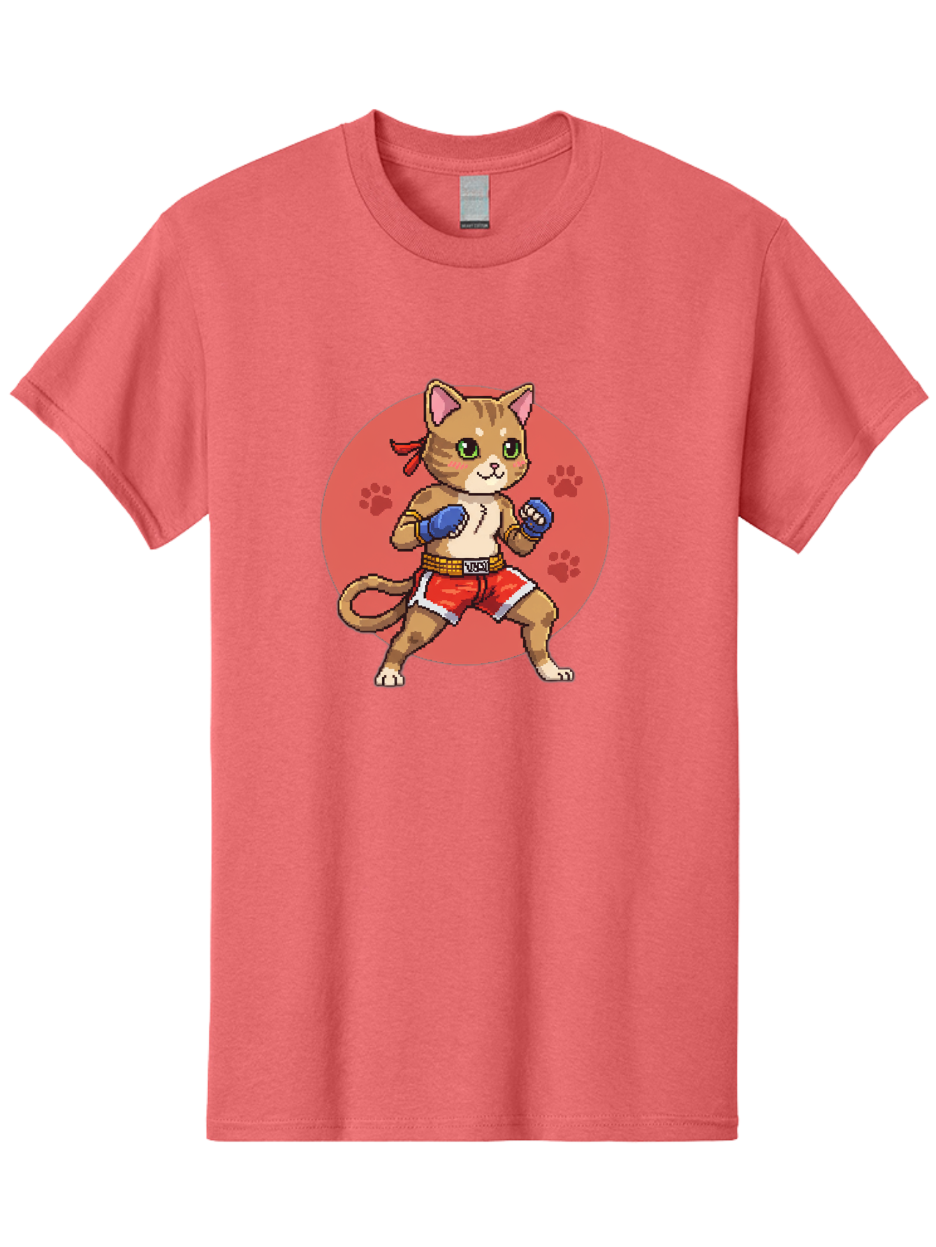 Cat-Boxer Men'S Graphic Tee, 100% Cotton, Comfortable Casual Summer Wear, Machine Washable, Cartoon Cat In Boxing Gloves, Muay Thai Fighter, Kawaii Kitty, Fighting Stance, Red Shorts, Blue Gloves, Playful Illustration, Cute Kitten Bae397