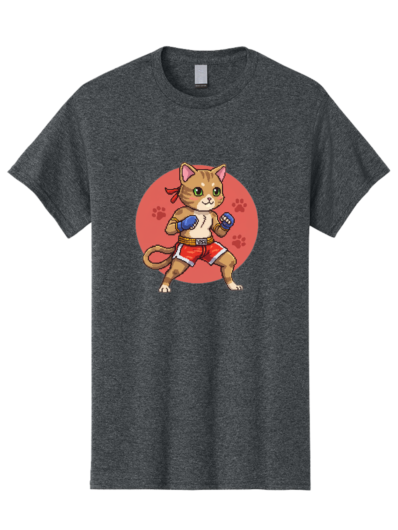 Cat-Boxer Men'S Graphic Tee, 100% Cotton, Comfortable Casual Summer Wear, Machine Washable, Cartoon Cat In Boxing Gloves, Muay Thai Fighter, Kawaii Kitty, Fighting Stance, Red Shorts, Blue Gloves, Playful Illustration, Cute Kitten Bae397
