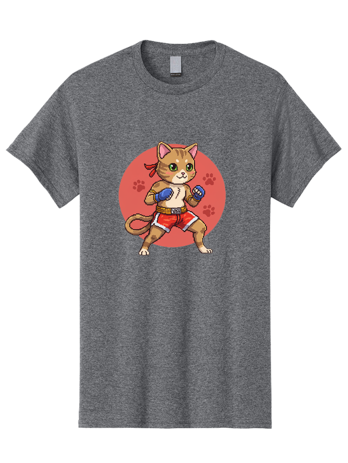 Cat-Boxer Men'S Graphic Tee, 100% Cotton, Comfortable Casual Summer Wear, Machine Washable, Cartoon Cat In Boxing Gloves, Muay Thai Fighter, Kawaii Kitty, Fighting Stance, Red Shorts, Blue Gloves, Playful Illustration, Cute Kitten Bae397
