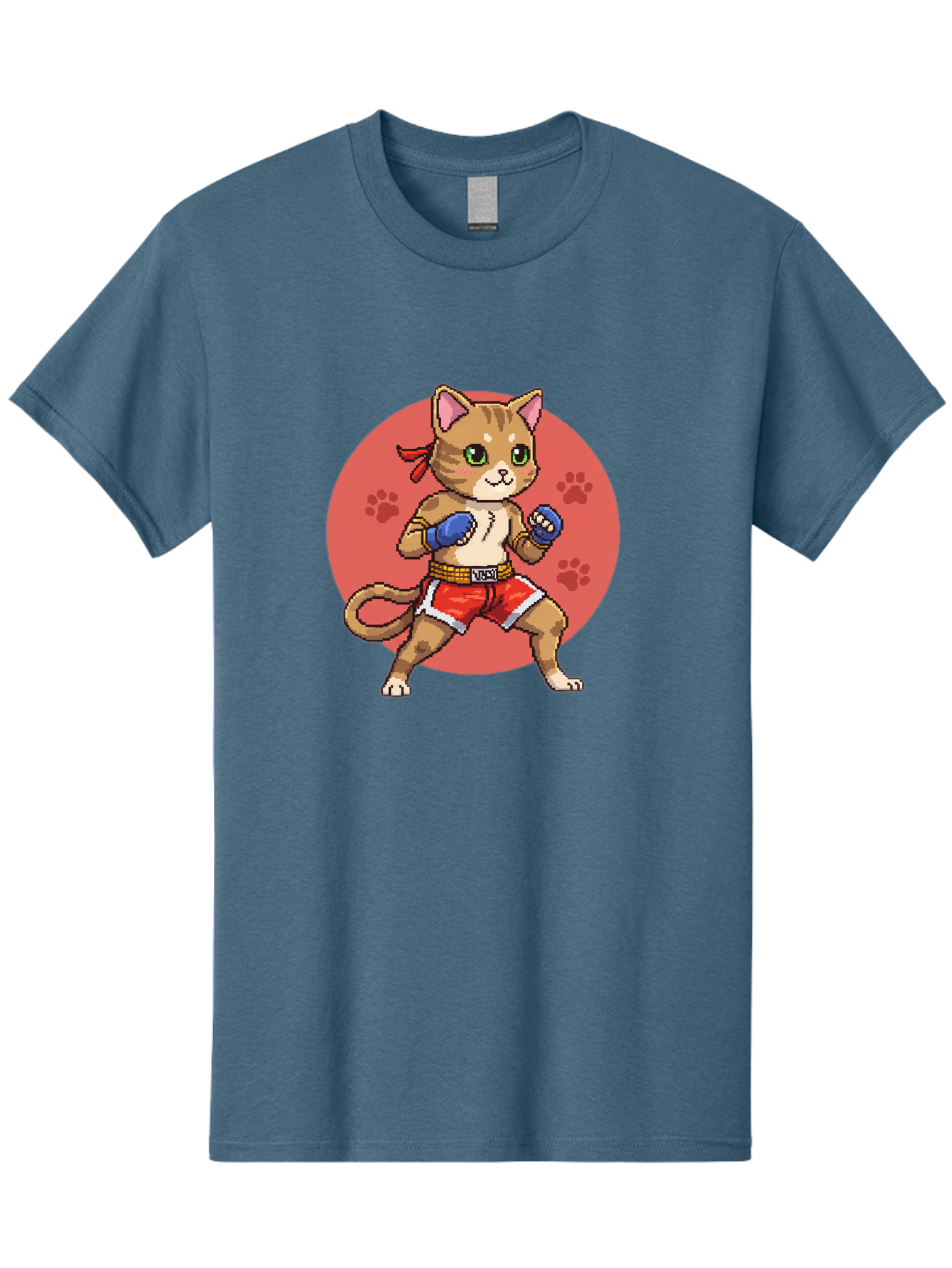 Cat-Boxer Men'S Graphic Tee, 100% Cotton, Comfortable Casual Summer Wear, Machine Washable, Cartoon Cat In Boxing Gloves, Muay Thai Fighter, Kawaii Kitty, Fighting Stance, Red Shorts, Blue Gloves, Playful Illustration, Cute Kitten Bae397