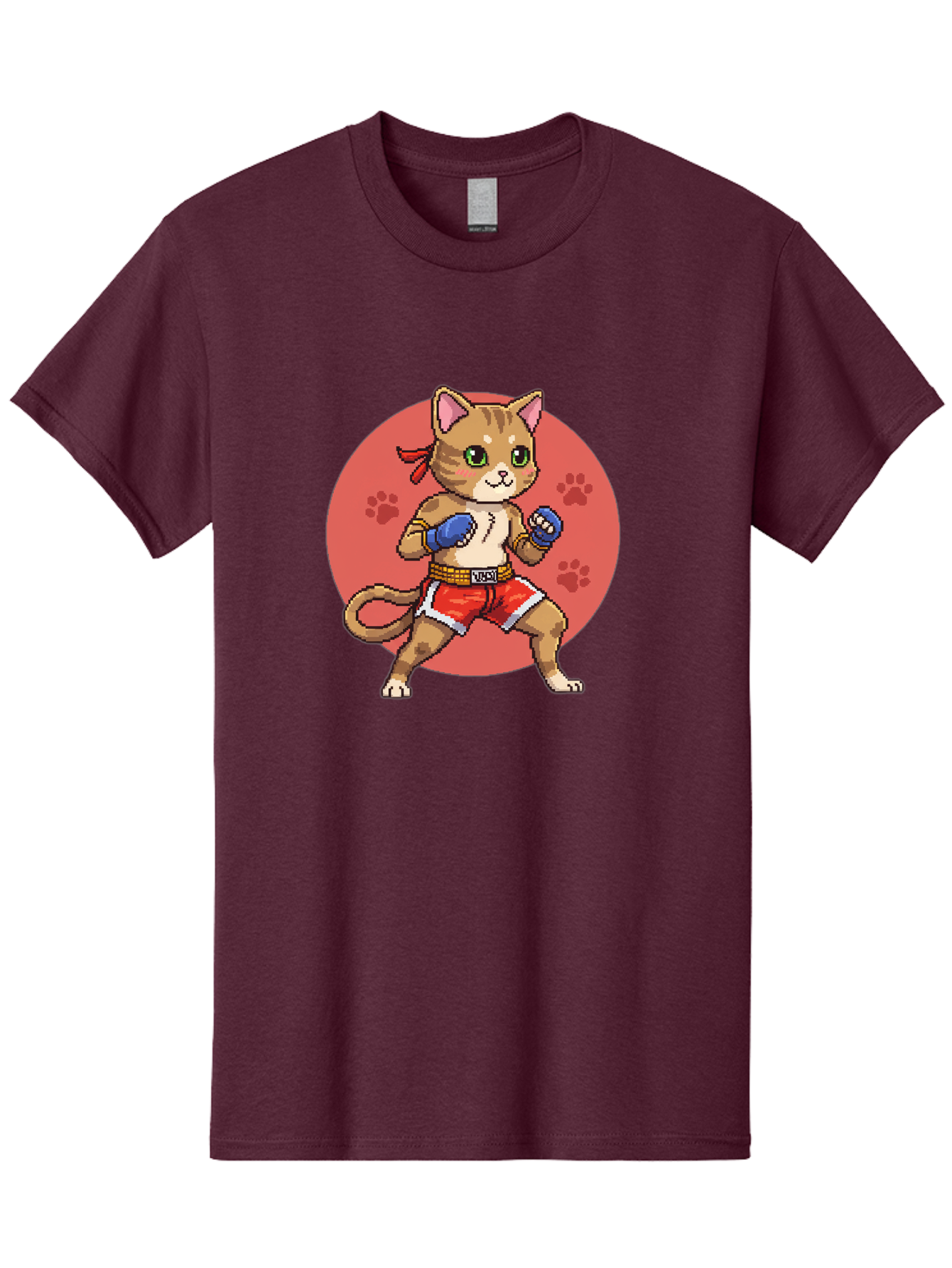 Cat-Boxer Men'S Graphic Tee, 100% Cotton, Comfortable Casual Summer Wear, Machine Washable, Cartoon Cat In Boxing Gloves, Muay Thai Fighter, Kawaii Kitty, Fighting Stance, Red Shorts, Blue Gloves, Playful Illustration, Cute Kitten Bae397