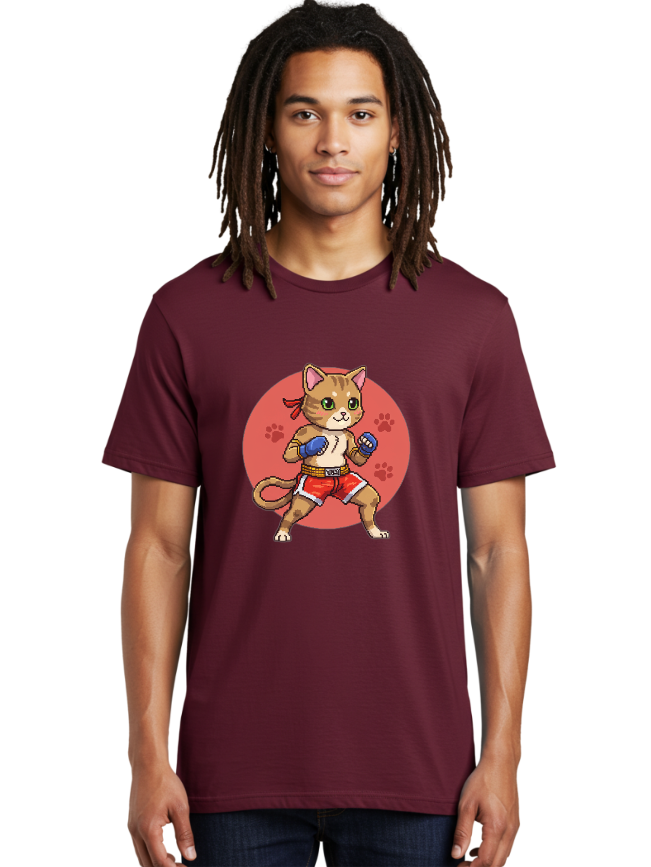 Cat-Boxer Men'S Graphic Tee, 100% Cotton, Comfortable Casual Summer Wear, Machine Washable, Cartoon Cat In Boxing Gloves, Muay Thai Fighter, Kawaii Kitty, Fighting Stance, Red Shorts, Blue Gloves, Playful Illustration, Cute Kitten Bae397
