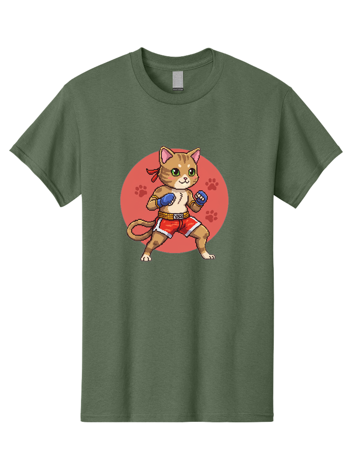Cat-Boxer Men'S Graphic Tee, 100% Cotton, Comfortable Casual Summer Wear, Machine Washable, Cartoon Cat In Boxing Gloves, Muay Thai Fighter, Kawaii Kitty, Fighting Stance, Red Shorts, Blue Gloves, Playful Illustration, Cute Kitten Bae397
