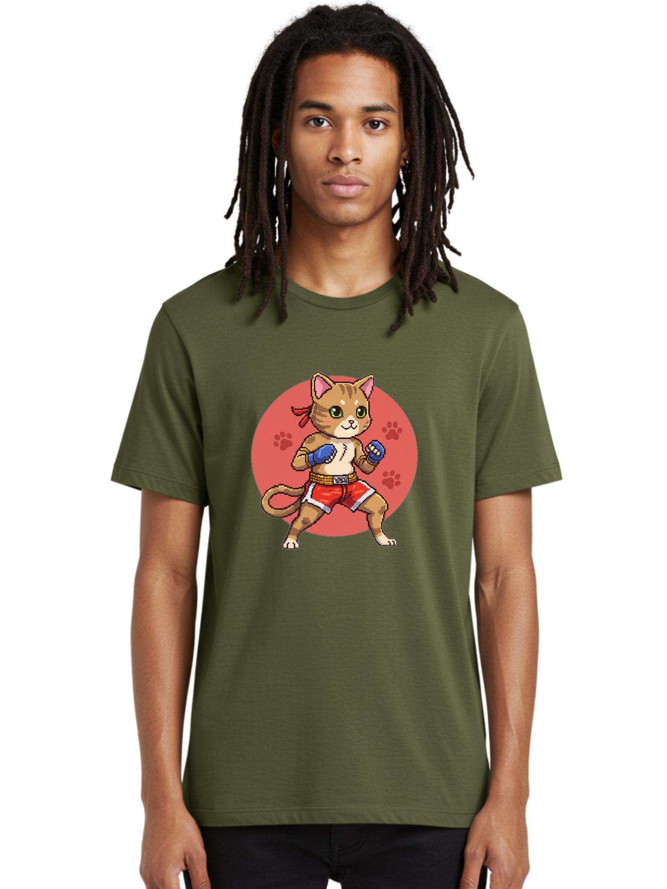 Cat-Boxer Men'S Graphic Tee, 100% Cotton, Comfortable Casual Summer Wear, Machine Washable, Cartoon Cat In Boxing Gloves, Muay Thai Fighter, Kawaii Kitty, Fighting Stance, Red Shorts, Blue Gloves, Playful Illustration, Cute Kitten Bae397