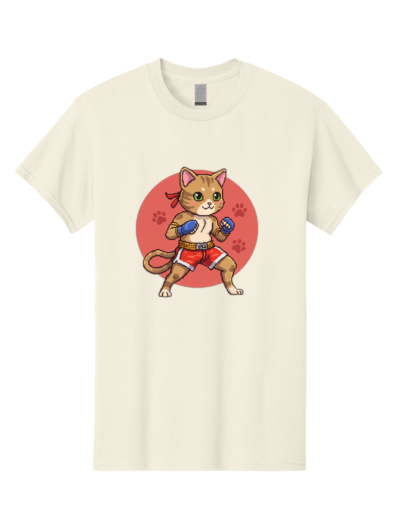 Cat-Boxer Men'S Graphic Tee, 100% Cotton, Comfortable Casual Summer Wear, Machine Washable, Cartoon Cat In Boxing Gloves, Muay Thai Fighter, Kawaii Kitty, Fighting Stance, Red Shorts, Blue Gloves, Playful Illustration, Cute Kitten Bae397