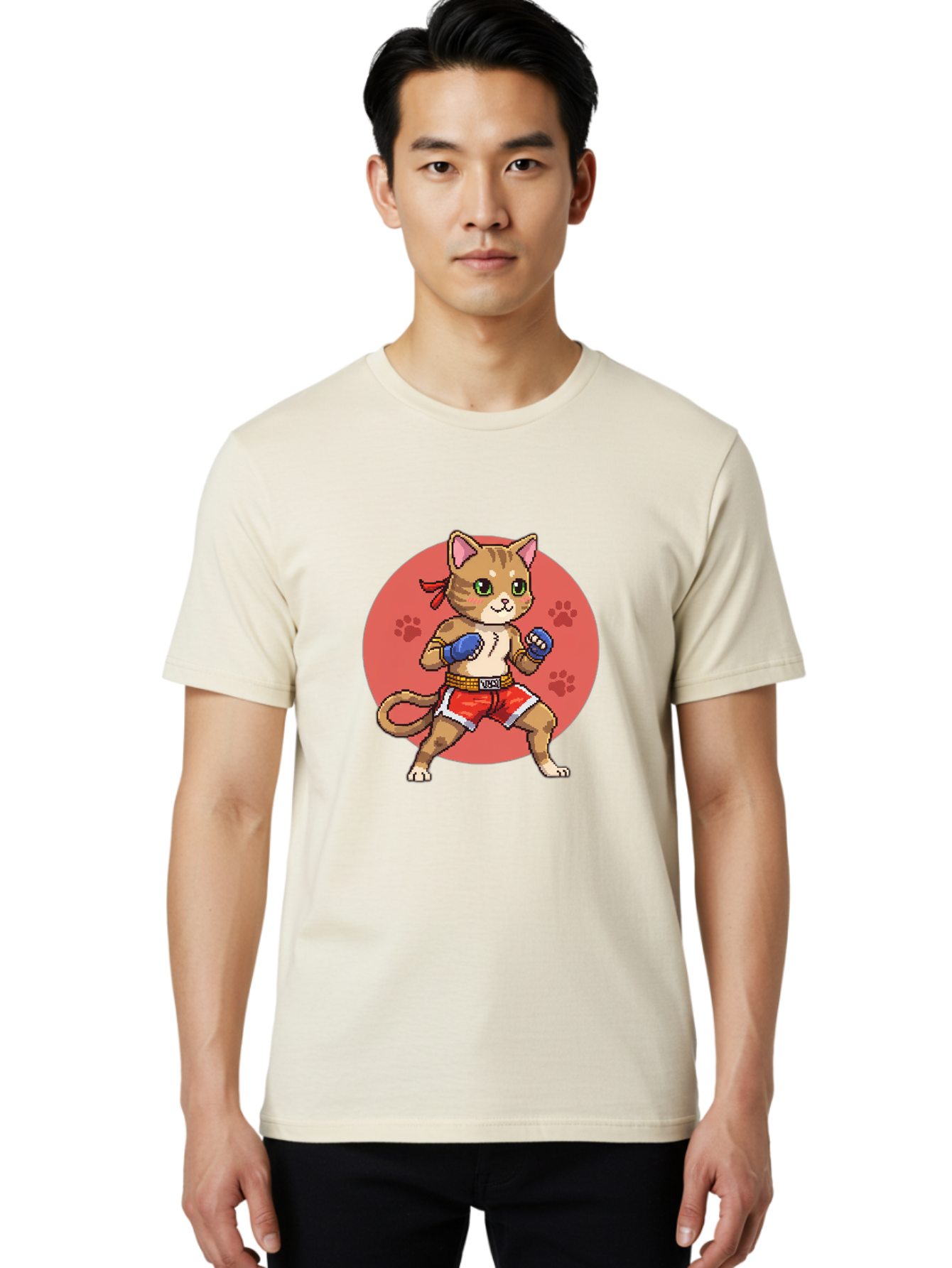 Cat-Boxer Men'S Graphic Tee, 100% Cotton, Comfortable Casual Summer Wear, Machine Washable, Cartoon Cat In Boxing Gloves, Muay Thai Fighter, Kawaii Kitty, Fighting Stance, Red Shorts, Blue Gloves, Playful Illustration, Cute Kitten Bae397