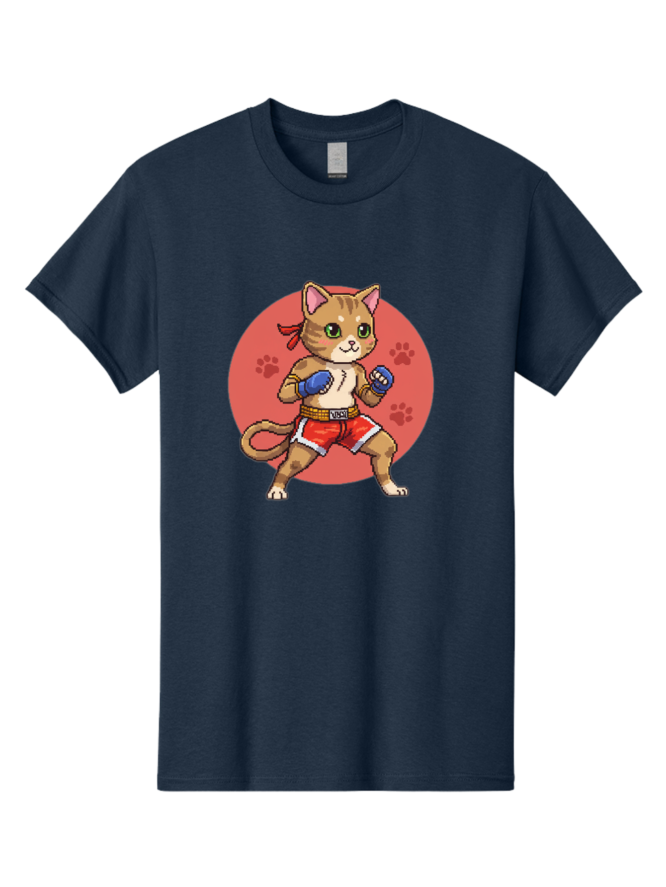 Cat-Boxer Men'S Graphic Tee, 100% Cotton, Comfortable Casual Summer Wear, Machine Washable, Cartoon Cat In Boxing Gloves, Muay Thai Fighter, Kawaii Kitty, Fighting Stance, Red Shorts, Blue Gloves, Playful Illustration, Cute Kitten Bae397