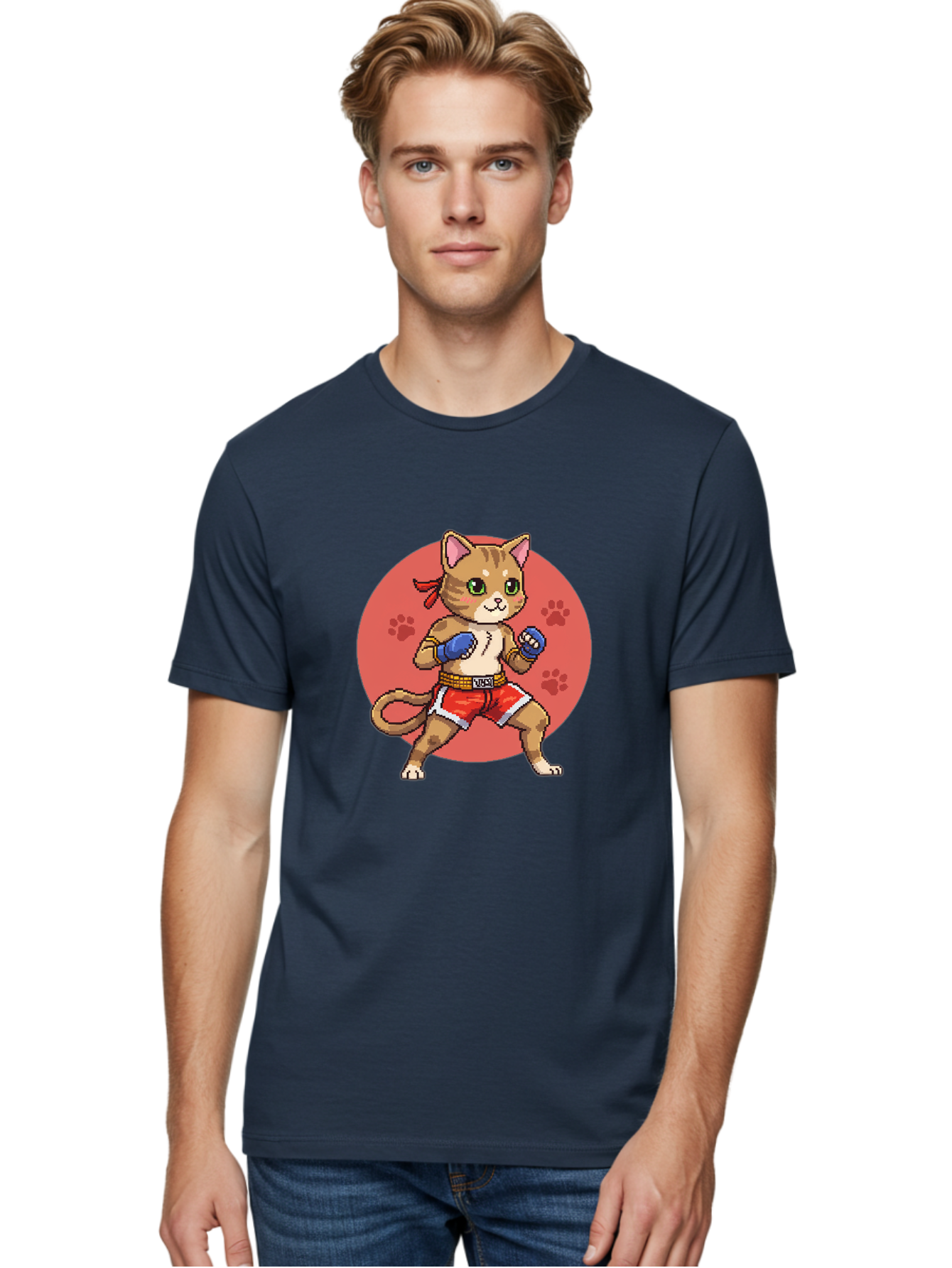 Cat-Boxer Men'S Graphic Tee, 100% Cotton, Comfortable Casual Summer Wear, Machine Washable, Cartoon Cat In Boxing Gloves, Muay Thai Fighter, Kawaii Kitty, Fighting Stance, Red Shorts, Blue Gloves, Playful Illustration, Cute Kitten Bae397
