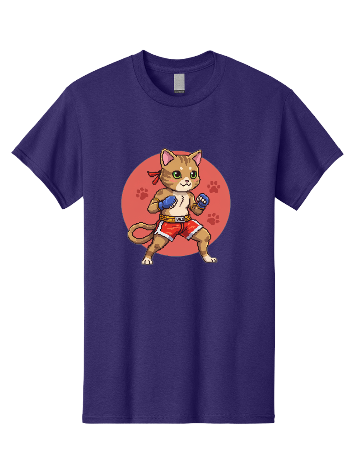 Cat-Boxer Men'S Graphic Tee, 100% Cotton, Comfortable Casual Summer Wear, Machine Washable, Cartoon Cat In Boxing Gloves, Muay Thai Fighter, Kawaii Kitty, Fighting Stance, Red Shorts, Blue Gloves, Playful Illustration, Cute Kitten Bae397