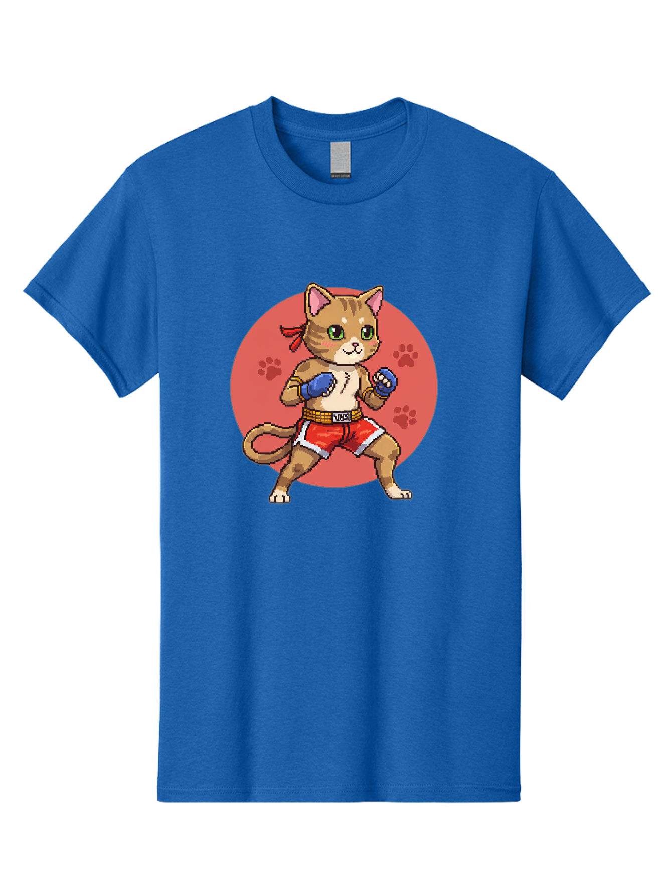 Cat-Boxer Men'S Graphic Tee, 100% Cotton, Comfortable Casual Summer Wear, Machine Washable, Cartoon Cat In Boxing Gloves, Muay Thai Fighter, Kawaii Kitty, Fighting Stance, Red Shorts, Blue Gloves, Playful Illustration, Cute Kitten Bae397