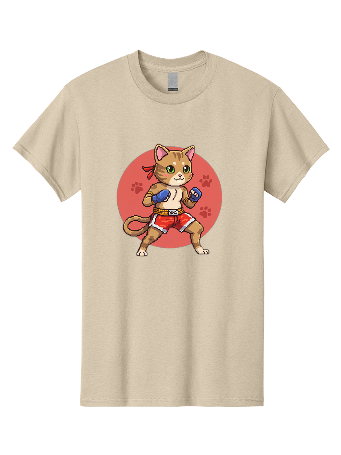 Cat-Boxer Men'S Graphic Tee, 100% Cotton, Comfortable Casual Summer Wear, Machine Washable, Cartoon Cat In Boxing Gloves, Muay Thai Fighter, Kawaii Kitty, Fighting Stance, Red Shorts, Blue Gloves, Playful Illustration, Cute Kitten Bae397