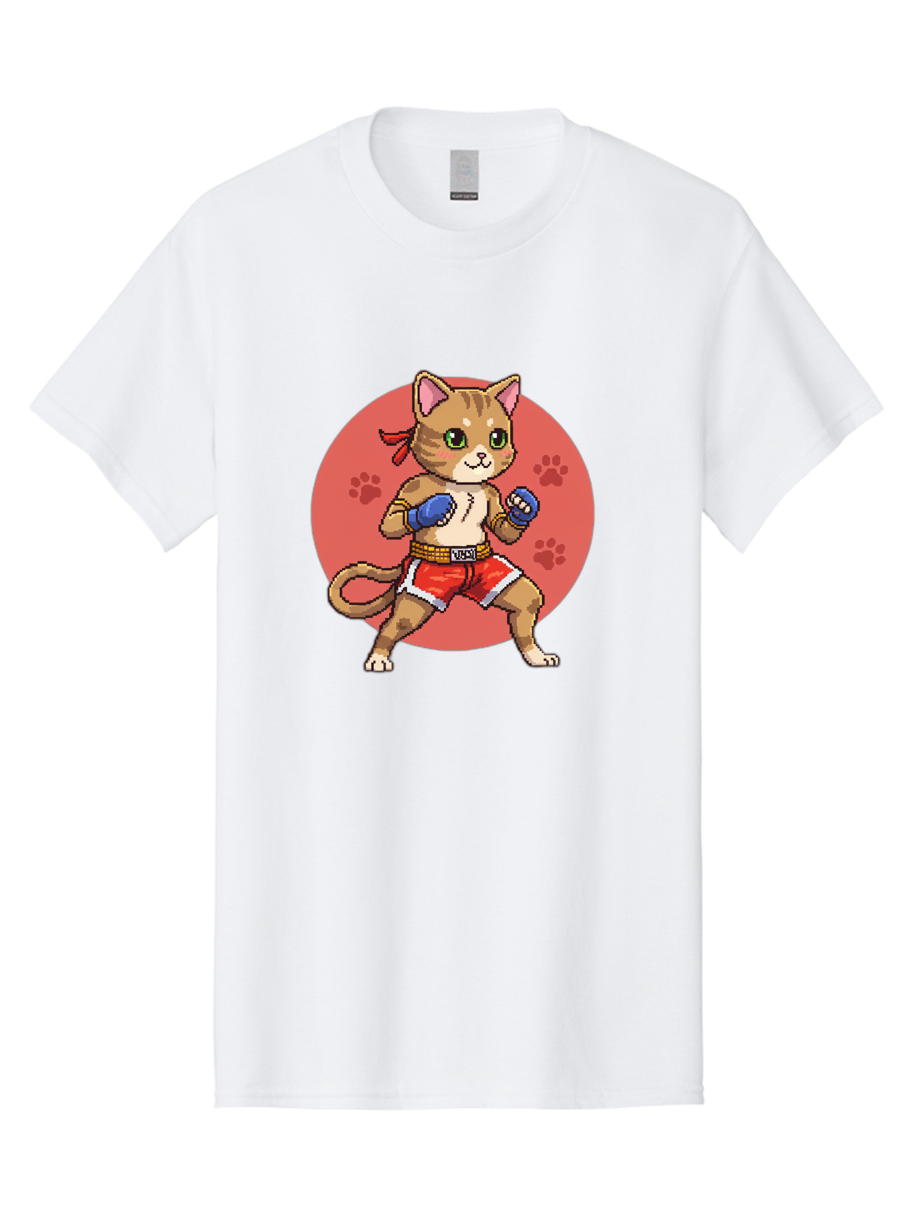 Cat-Boxer Men'S Graphic Tee, 100% Cotton, Comfortable Casual Summer Wear, Machine Washable, Cartoon Cat In Boxing Gloves, Muay Thai Fighter, Kawaii Kitty, Fighting Stance, Red Shorts, Blue Gloves, Playful Illustration, Cute Kitten Bae397