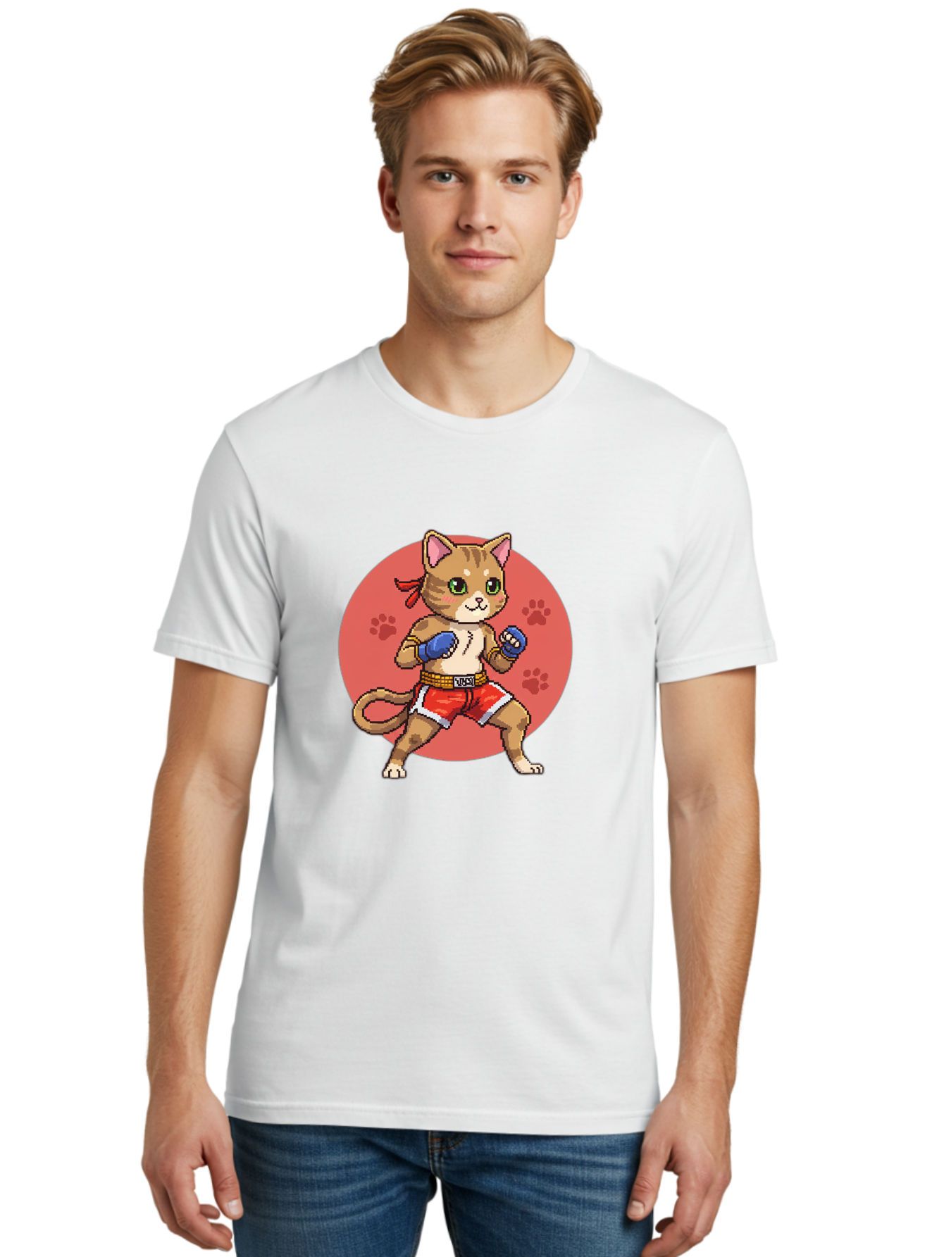 Cat-Boxer Men'S Graphic Tee, 100% Cotton, Comfortable Casual Summer Wear, Machine Washable, Cartoon Cat In Boxing Gloves, Muay Thai Fighter, Kawaii Kitty, Fighting Stance, Red Shorts, Blue Gloves, Playful Illustration, Cute Kitten Bae397