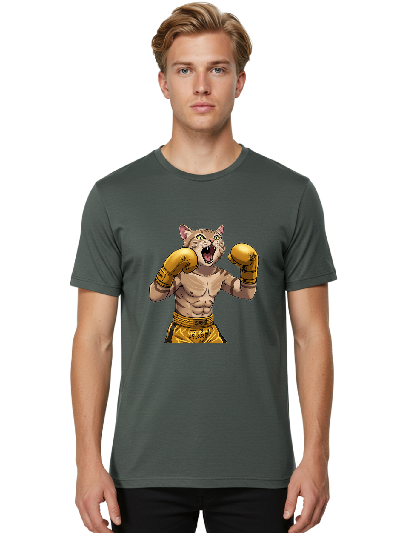 Cat-Fighter Men'S Graphic Tee, 100% Cotton, Comfortable Casual Summer Wear, Machine Washable, Cartoon Cat, Boxer Cat, Boxing Gloves, Martial Arts, Fitness, Anthropomorphic Animal, Fighting Stance, Strong Cat, Muscular Cat, Bae398