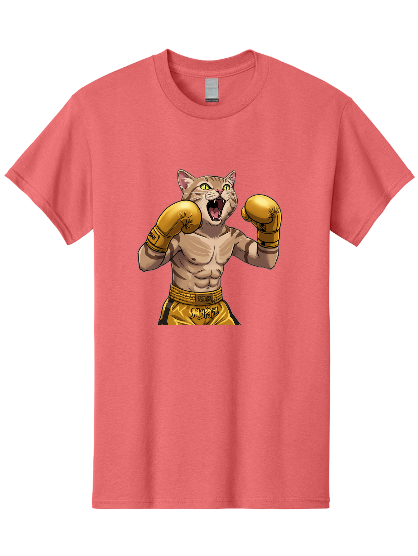 Cat-Fighter Men'S Graphic Tee, 100% Cotton, Comfortable Casual Summer Wear, Machine Washable, Cartoon Cat, Boxer Cat, Boxing Gloves, Martial Arts, Fitness, Anthropomorphic Animal, Fighting Stance, Strong Cat, Muscular Cat, Bae398