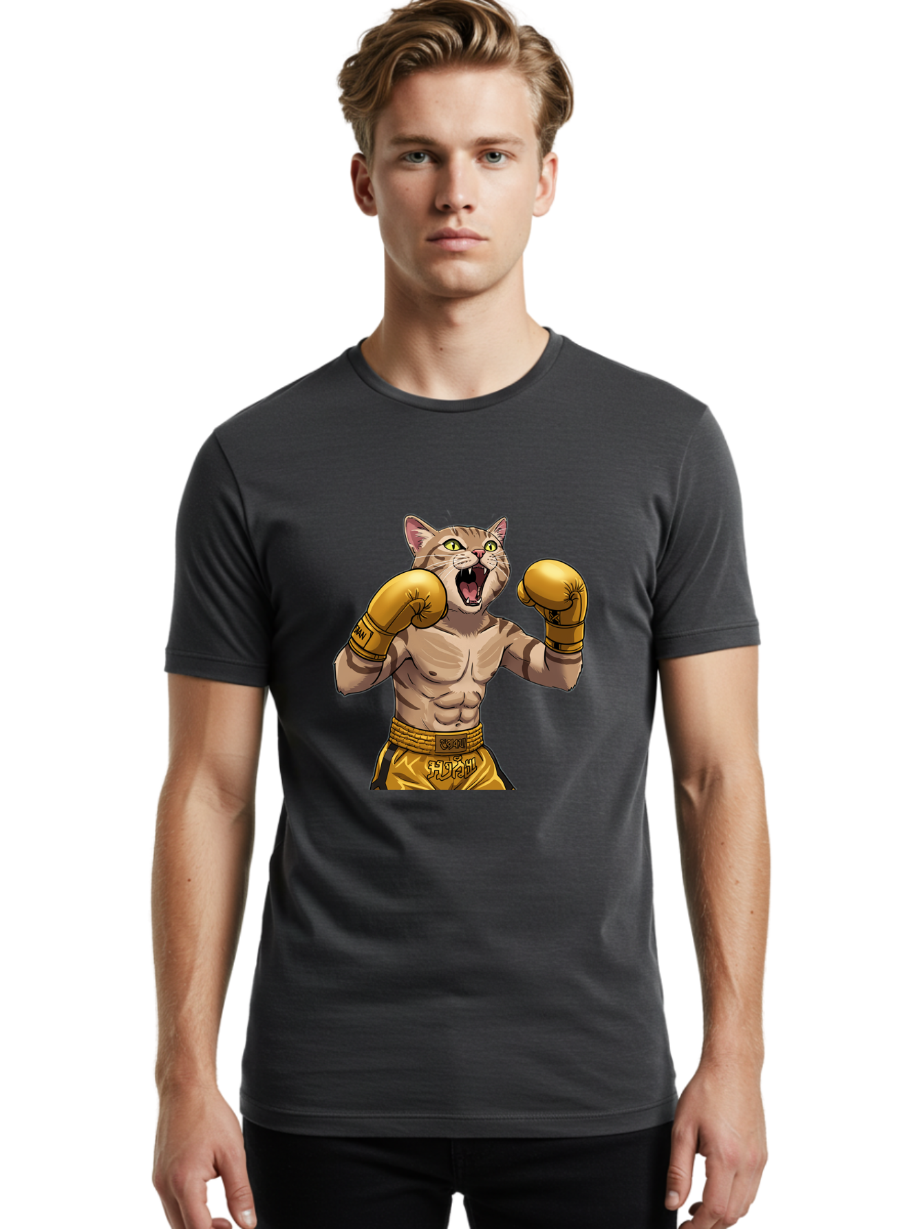 Cat-Fighter Men'S Graphic Tee, 100% Cotton, Comfortable Casual Summer Wear, Machine Washable, Cartoon Cat, Boxer Cat, Boxing Gloves, Martial Arts, Fitness, Anthropomorphic Animal, Fighting Stance, Strong Cat, Muscular Cat, Bae398