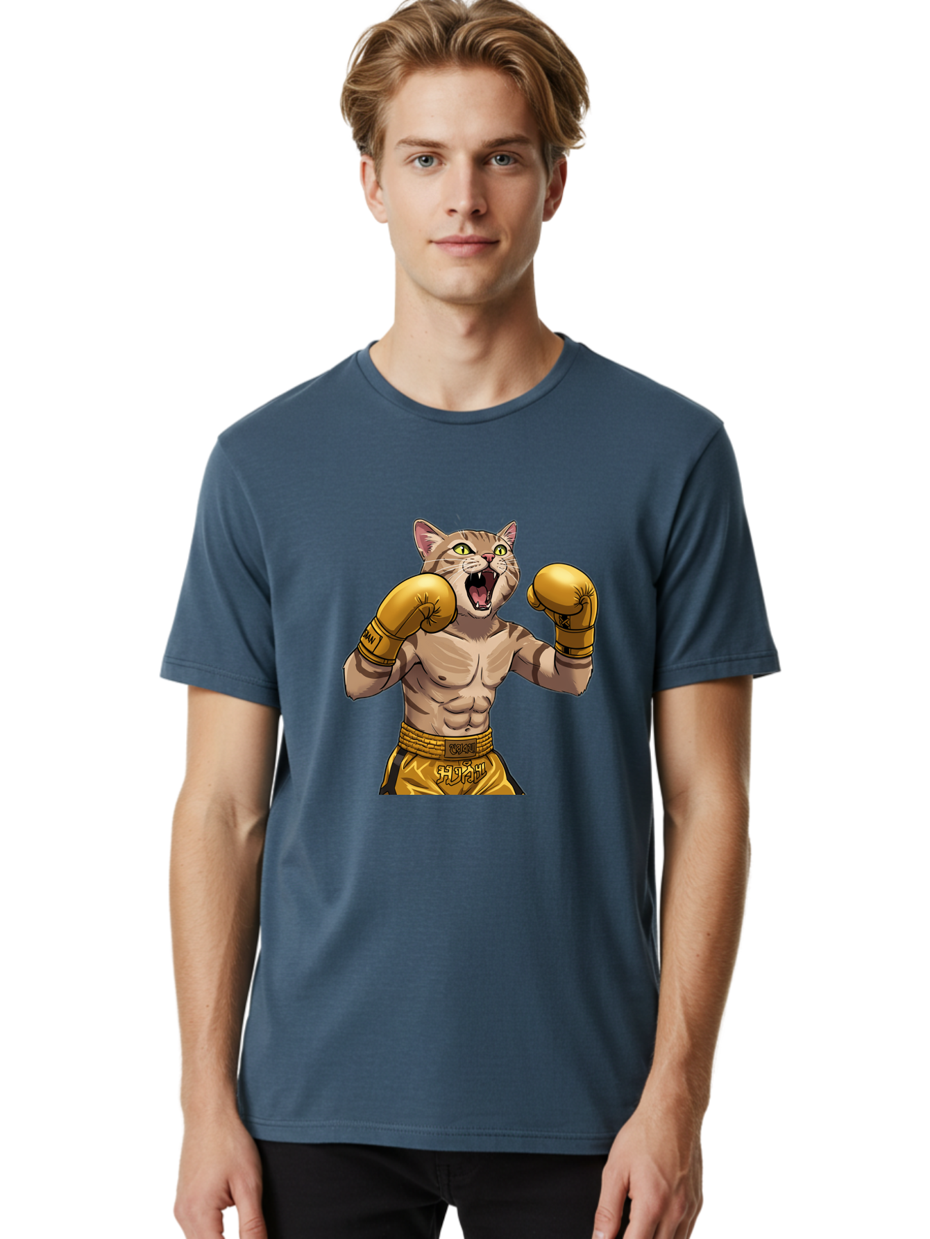 Cat-Fighter Men'S Graphic Tee, 100% Cotton, Comfortable Casual Summer Wear, Machine Washable, Cartoon Cat, Boxer Cat, Boxing Gloves, Martial Arts, Fitness, Anthropomorphic Animal, Fighting Stance, Strong Cat, Muscular Cat, Bae398