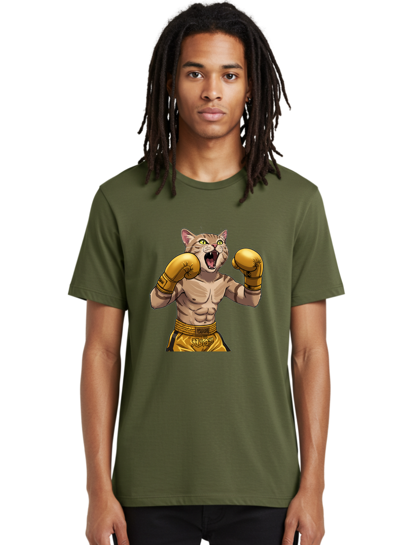 Cat-Fighter Men'S Graphic Tee, 100% Cotton, Comfortable Casual Summer Wear, Machine Washable, Cartoon Cat, Boxer Cat, Boxing Gloves, Martial Arts, Fitness, Anthropomorphic Animal, Fighting Stance, Strong Cat, Muscular Cat, Bae398