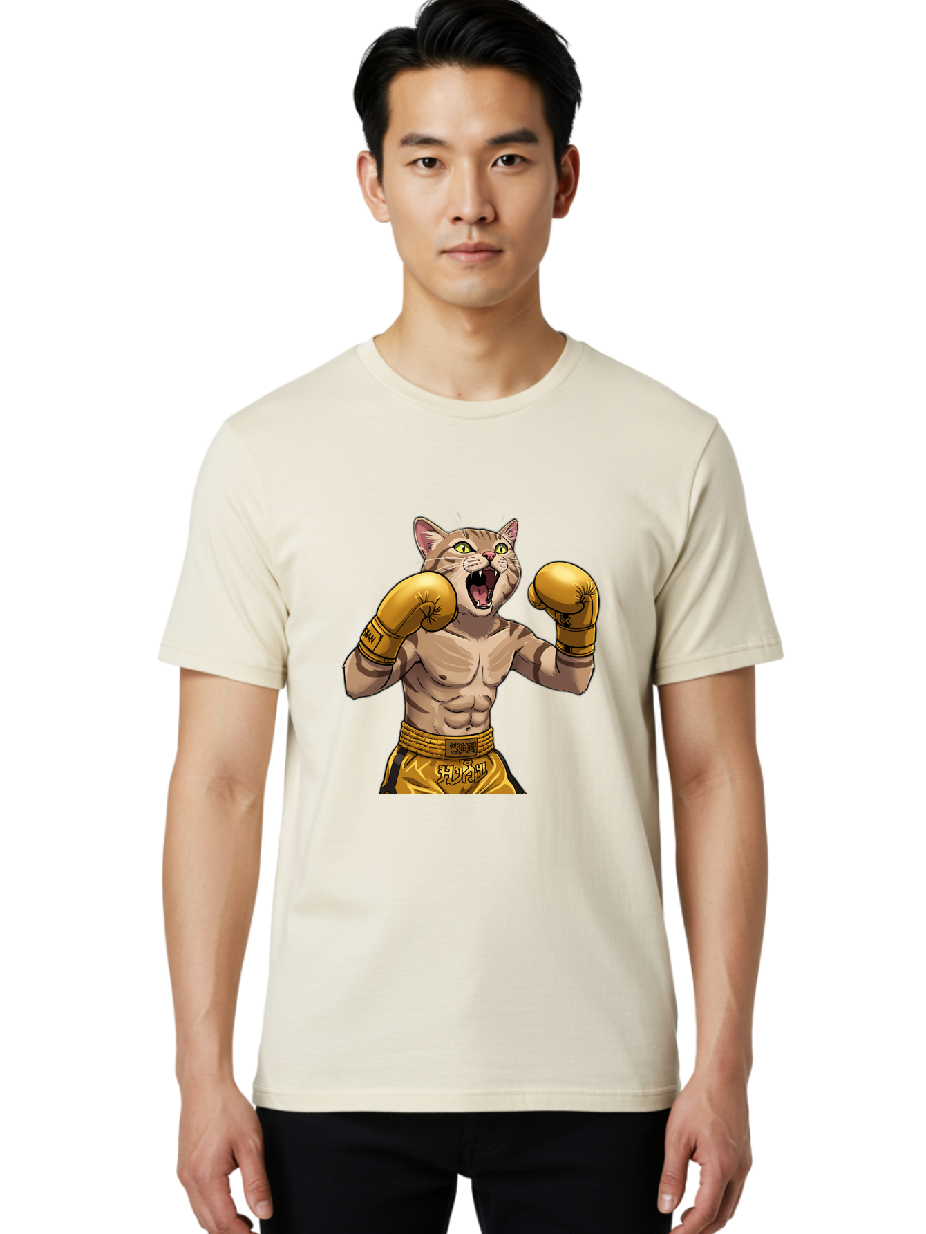 Cat-Fighter Men'S Graphic Tee, 100% Cotton, Comfortable Casual Summer Wear, Machine Washable, Cartoon Cat, Boxer Cat, Boxing Gloves, Martial Arts, Fitness, Anthropomorphic Animal, Fighting Stance, Strong Cat, Muscular Cat, Bae398