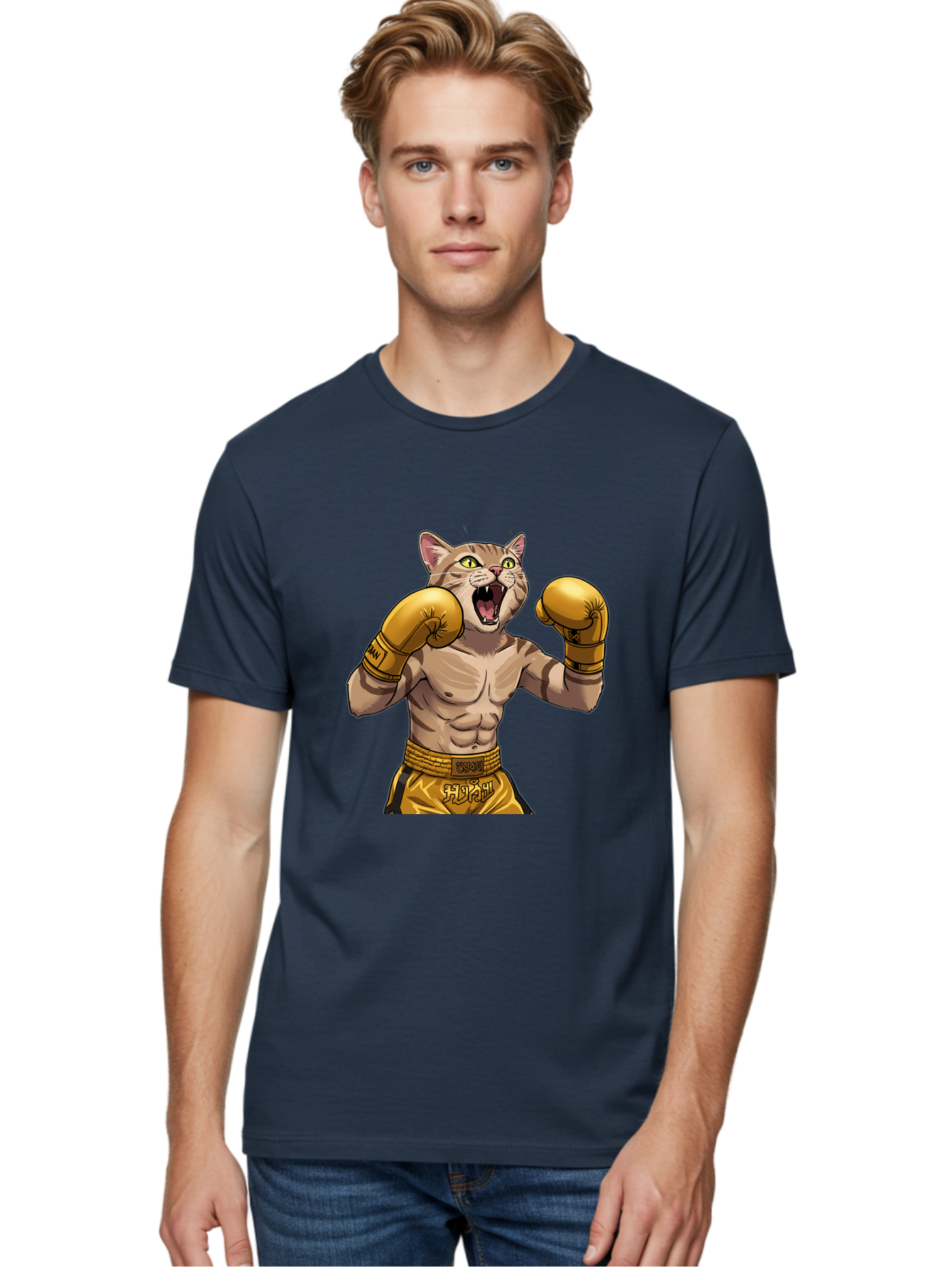 Cat-Fighter Men'S Graphic Tee, 100% Cotton, Comfortable Casual Summer Wear, Machine Washable, Cartoon Cat, Boxer Cat, Boxing Gloves, Martial Arts, Fitness, Anthropomorphic Animal, Fighting Stance, Strong Cat, Muscular Cat, Bae398